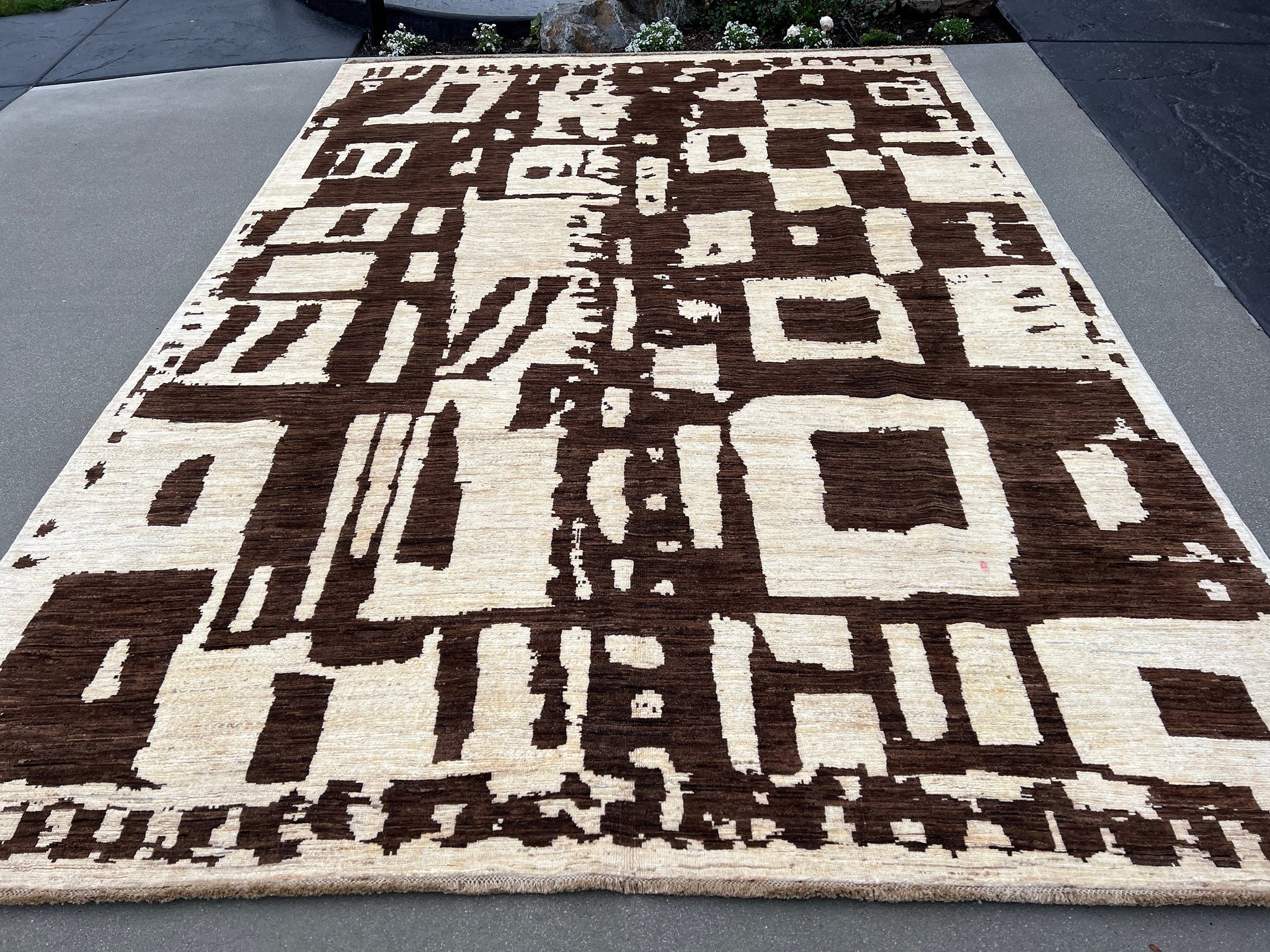 7x10 (215x305) Handmade Afghan Rug | Neutral Cream Beige Chocolate Brown | Hand Knotted Persian Moroccan Oriental Plush Oushak Ourain Wool