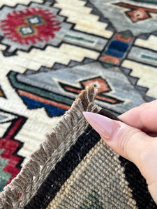 3x5 Handmade Afghan Rug | Ivory White Grey Black Blood Red Sky Blue Brown Pine Green | Turkish Persian Wool Hand Knotted Heriz Boho Oushak