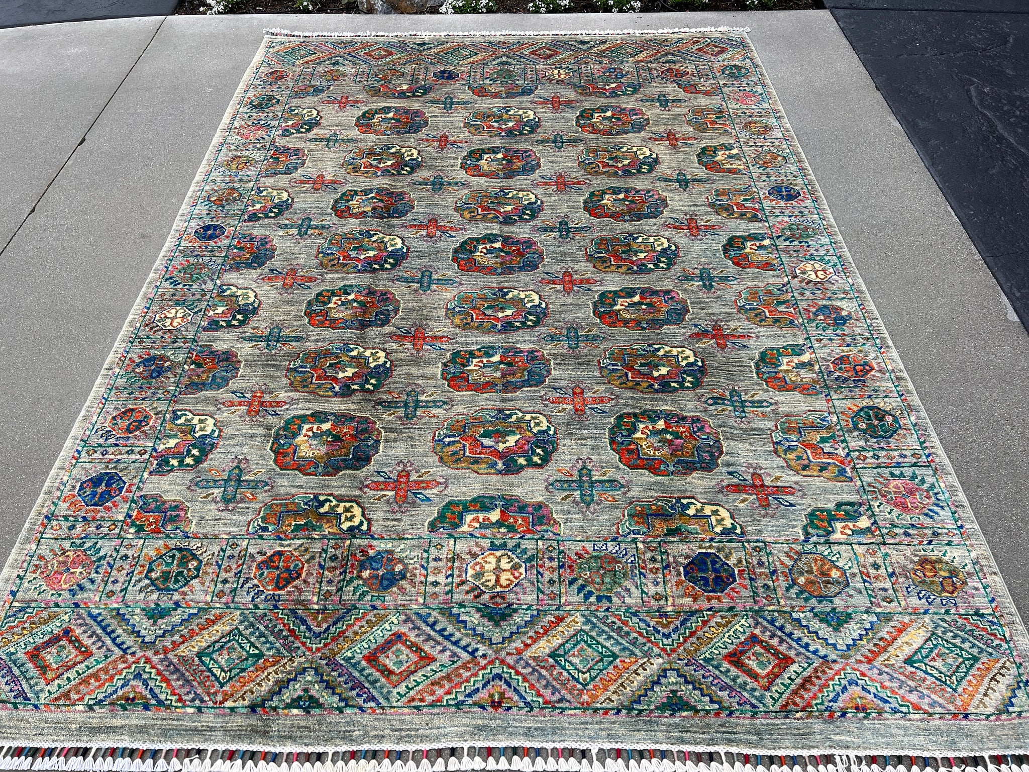 6x8 (180x245) Fair Trade Handmade Afghan Rug | Grey Gray Blue Pink Ivory Orange Teal Yellow Cream Beige Pine Green | Hand Knotted Persian