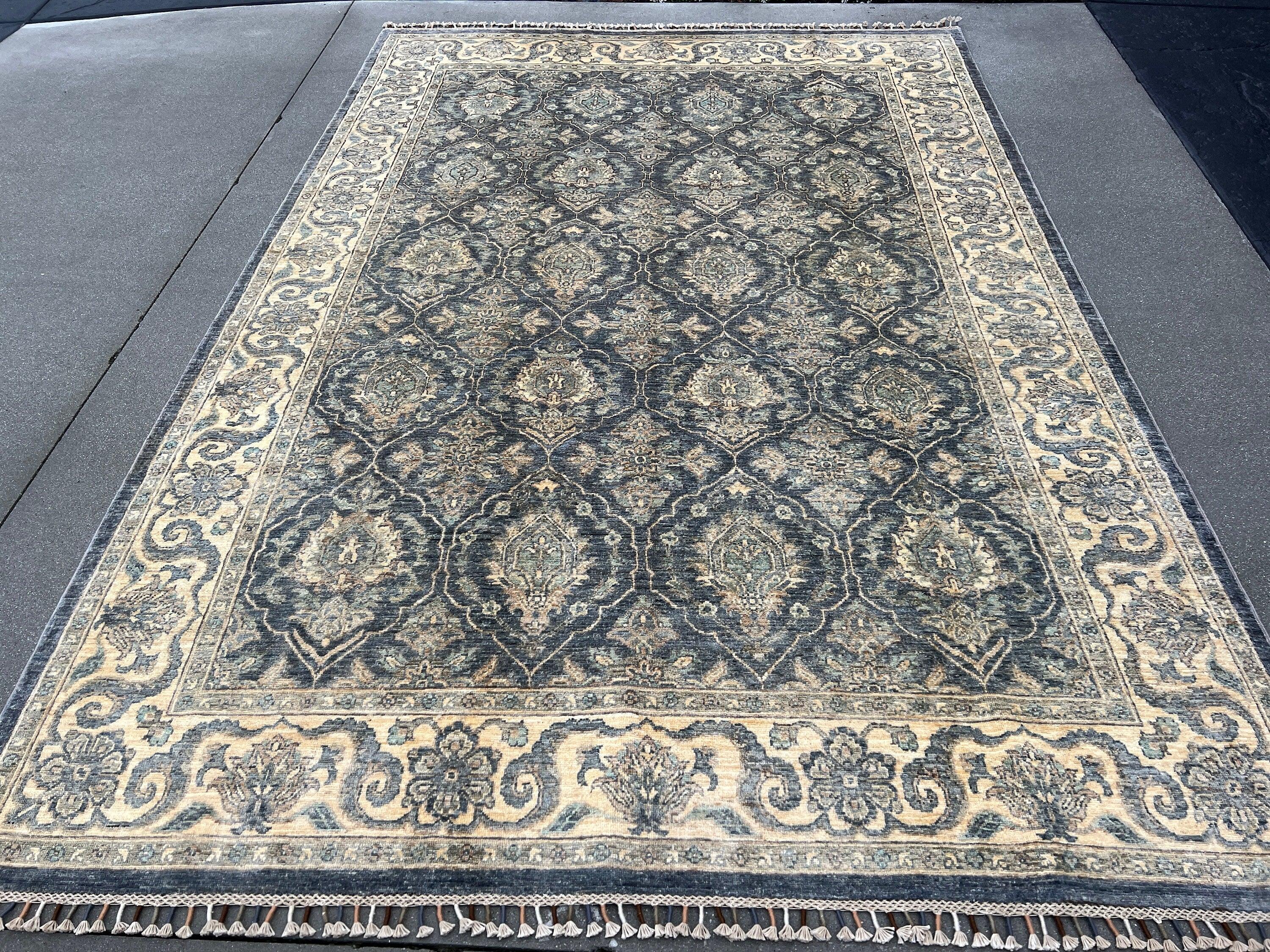 6x9 (180x275) Handmade Afghan Rug | Charcoal Grey Gray Beige Cream Yellow Gold Brown | Boho Turkish Oushak Vintage Persian Tribal Floral