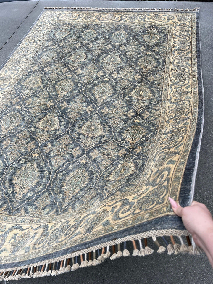 6x9 (180x275) Handmade Afghan Rug | Charcoal Grey Gray Beige Cream Yellow Gold Brown | Boho Turkish Oushak Vintage Persian Tribal Floral