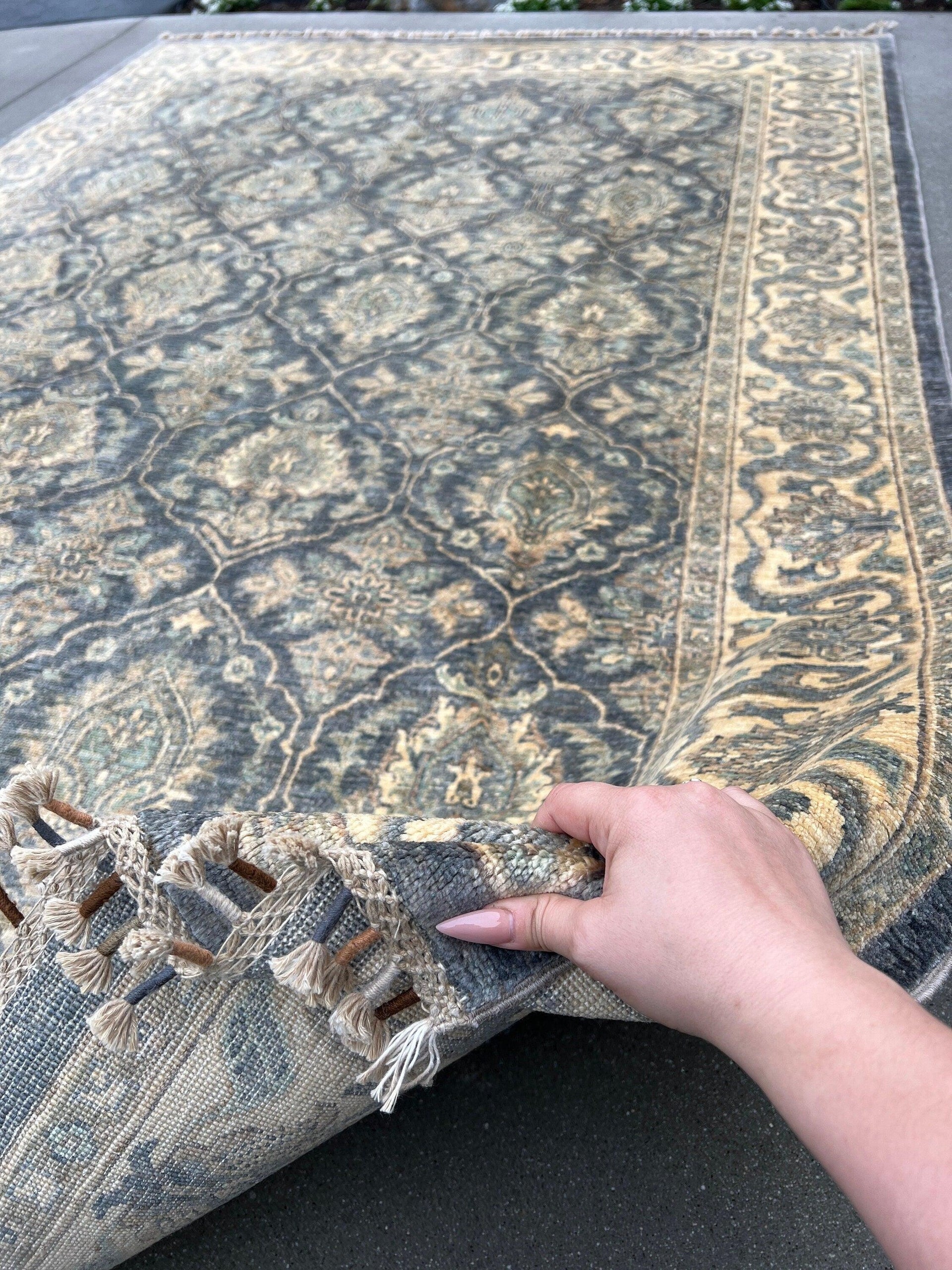 6x9 (180x275) Handmade Afghan Rug | Charcoal Grey Gray Beige Cream Yellow Gold Brown | Boho Turkish Oushak Vintage Persian Tribal Floral