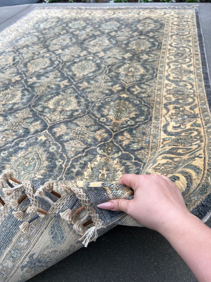 6x9 (180x275) Handmade Afghan Rug | Charcoal Grey Gray Beige Cream Yellow Gold Brown | Boho Turkish Oushak Vintage Persian Tribal Floral