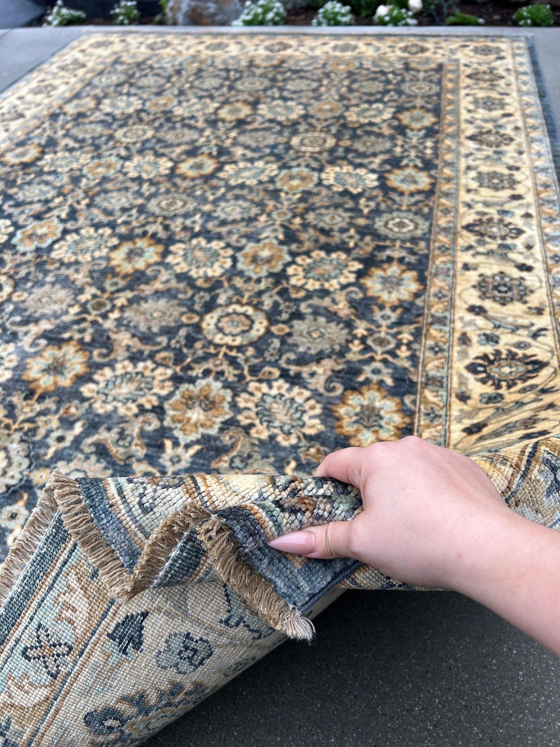 6x9 (180x275) Handmade Afghan Rug | Charcoal Grey Gray Beige Cream Yellow Gold Brown Teal Turquoise | Boho Turkish Oushak Vintage Persian