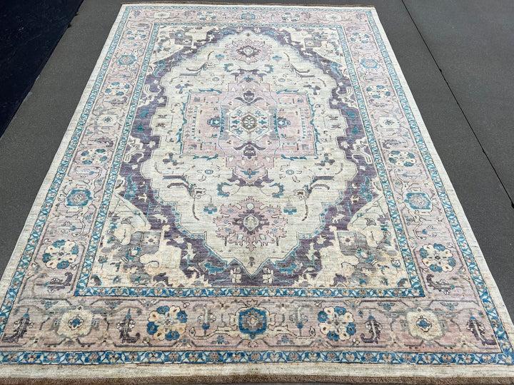 6x9 (180x275) Handmade Afghan Rug | Cream Beige Eggplant Purple Lavender Brown Yellow Cream Teal Turquoise Grey Turkish Oushak Persian Heriz