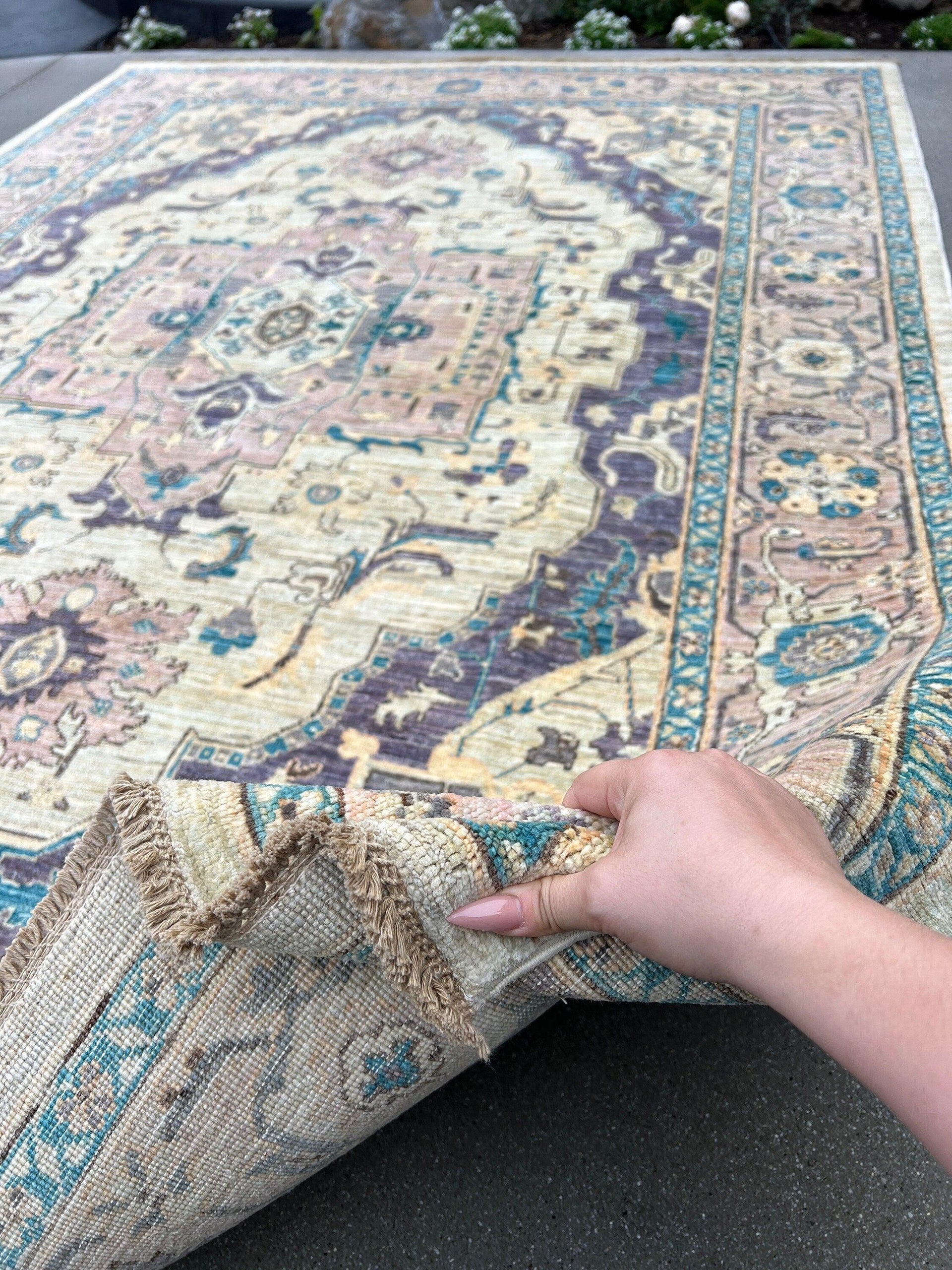 6x9 (180x275) Handmade Afghan Rug | Cream Beige Eggplant Purple Lavender Brown Yellow Cream Teal Turquoise Grey Turkish Oushak Persian Heriz