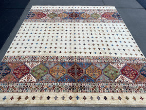 8x10~9x10 Handmade Afghan Rug | Cream Beige Blue Red Green Orange Grey Caramel Mocha Brown | Boho Turkish Oushak Vintage Persian Tribal