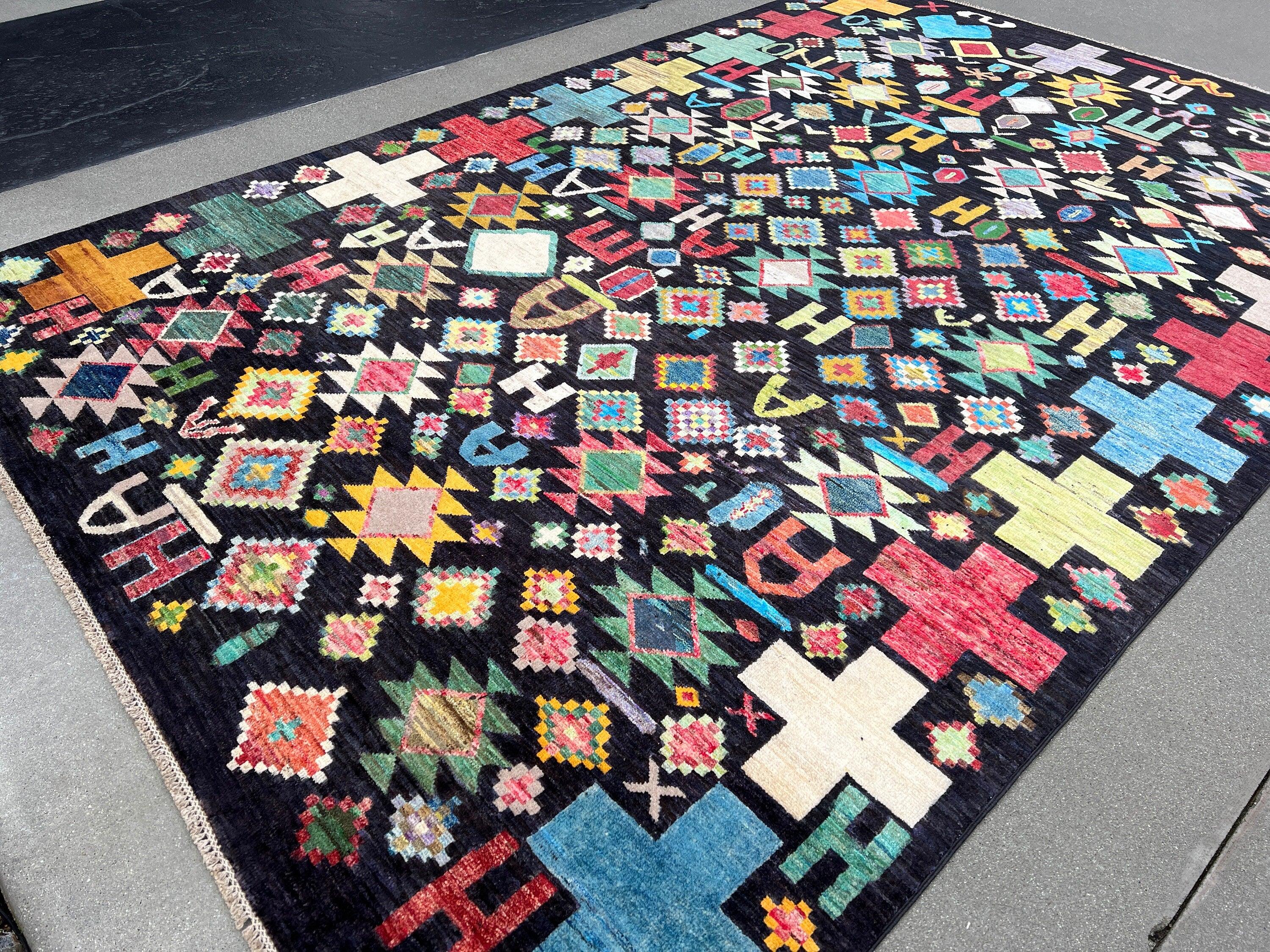 7x10 (215x305) Handmade Afghan Rug | Charcoal Black Red Orange Green Ivory White Yellow Copper Light Brown Purple Sky Denim Blue Turquoise