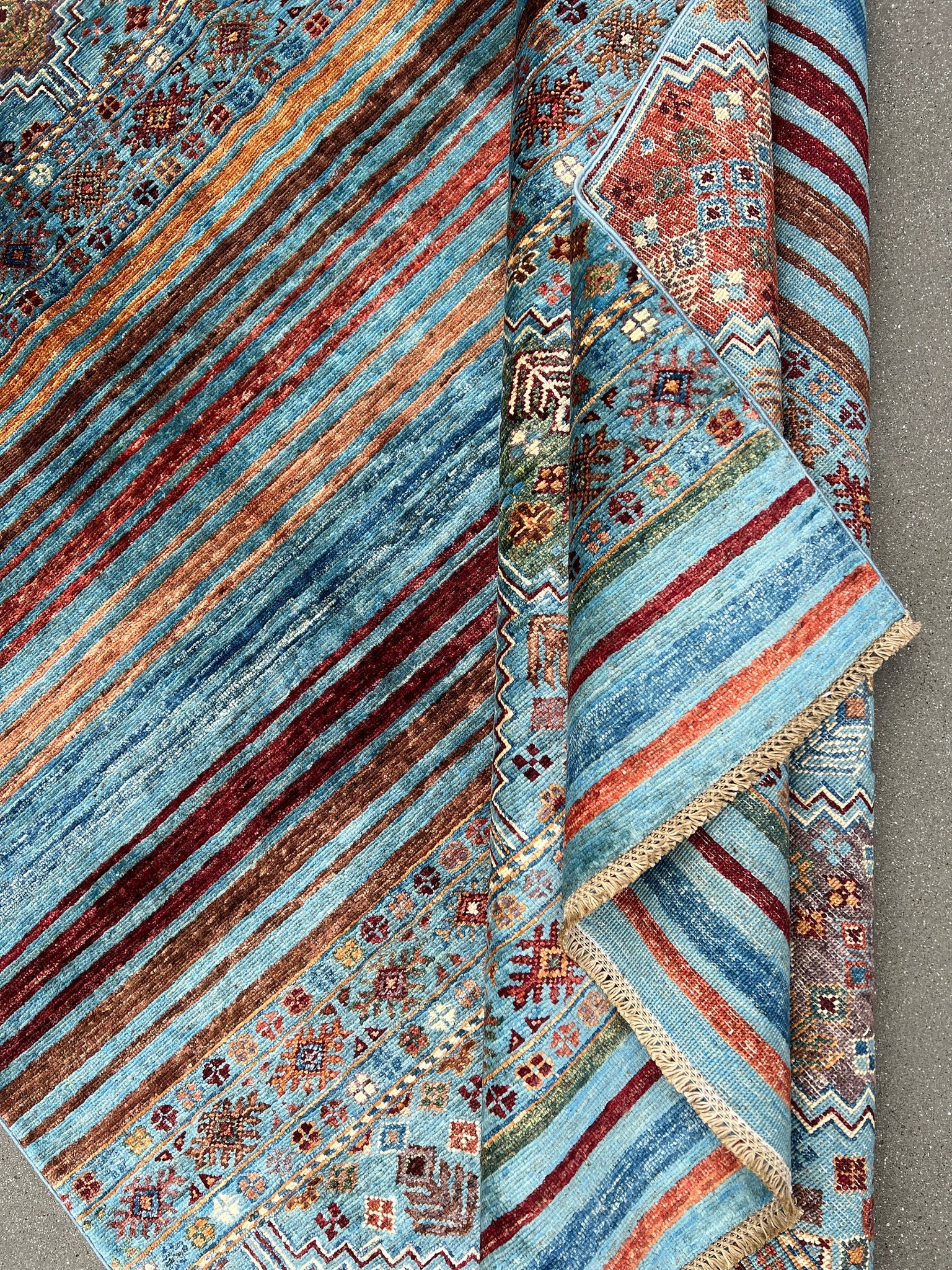 6x8 (180x245) Handmade Afghan Rug | Denim Blue Burnt Orange Brown Brick Red Cream Beige Ivory Green | Heriz Serapi Boho Turkish Floral Wool