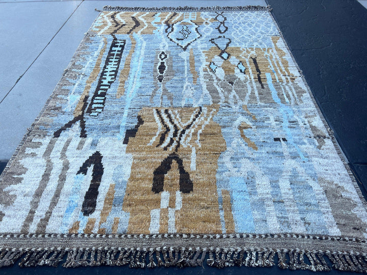 7x11 Handmade Afghan Moroccan Rug | Tan Coffee Brown Grey Black Light Sky Blue Ivory Cream White | Berber Beni Plush Turkish Wool Oushak