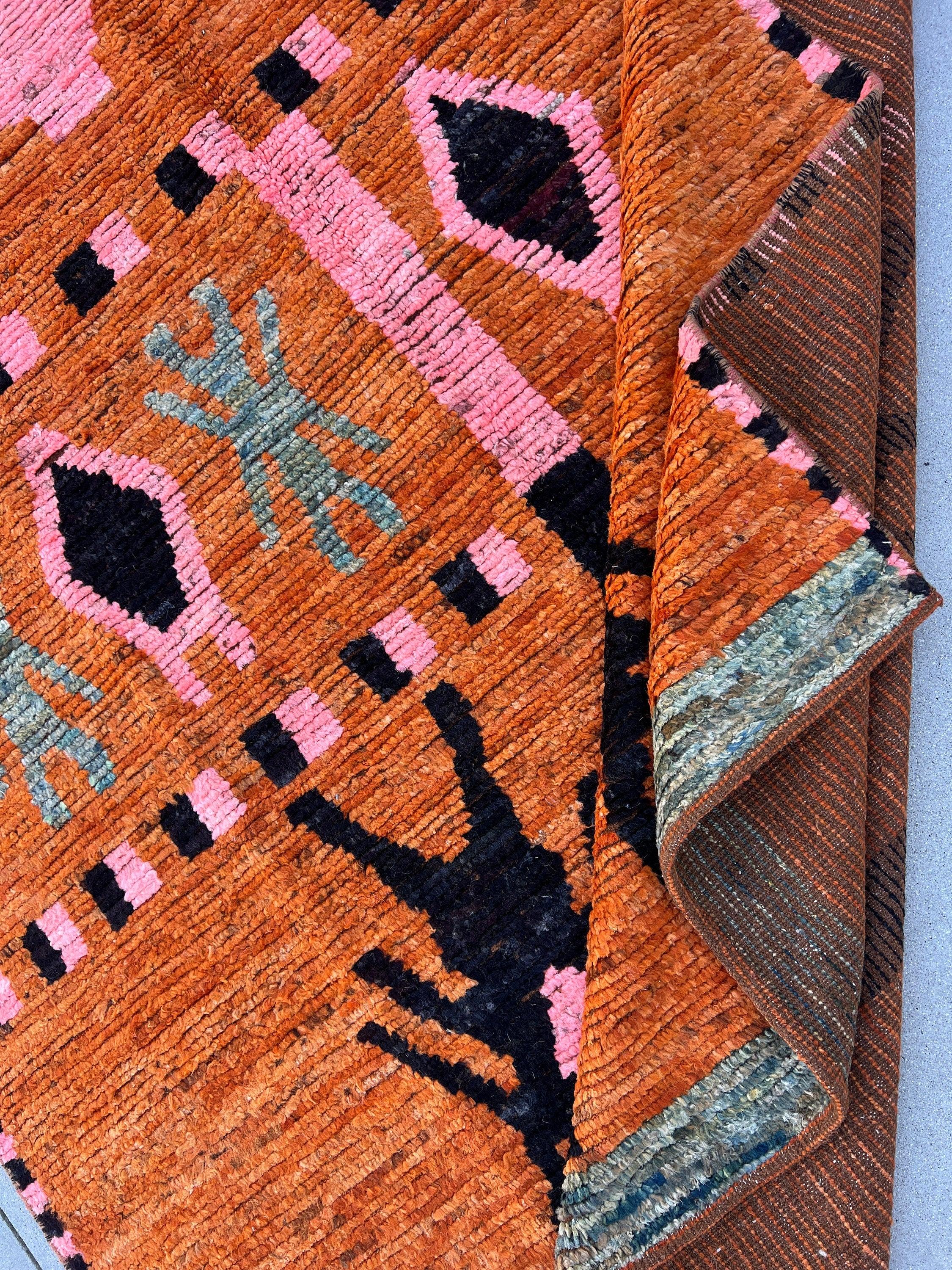 7x10 Handmade Afghan Moroccan Rug | Orange Rose Pink Black Teal Ivory | Berber Beni Plush Tufted Wool Mrirt Boujad Azilal Taznakht Flokati
