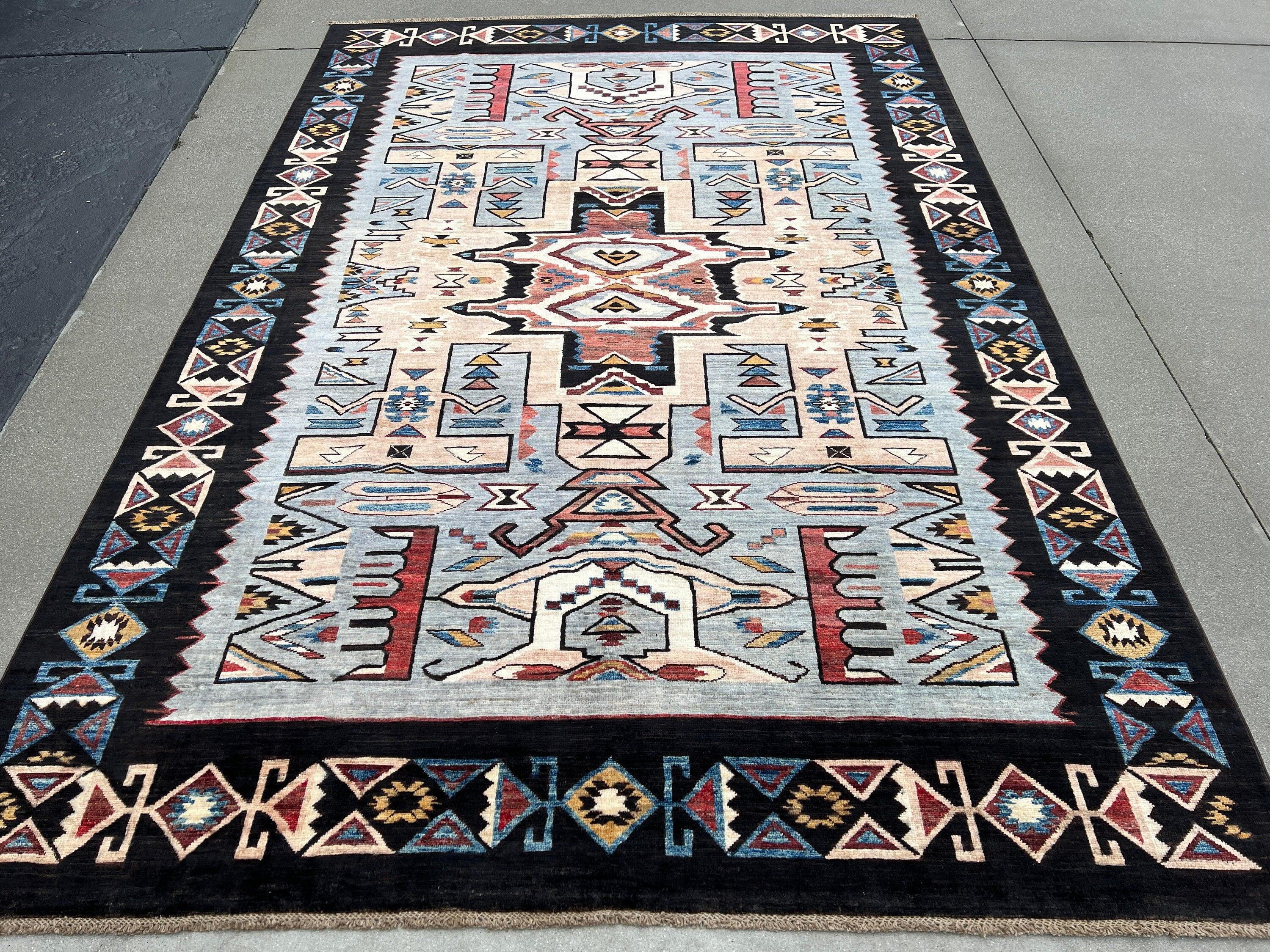 7x10 Fair Trade Handmade Afghan Rug | Charcoal Black Muted Blue Red Copper Mocha Brown Peach Ivory Cream | Turkish Persian Wool Hand Knotted