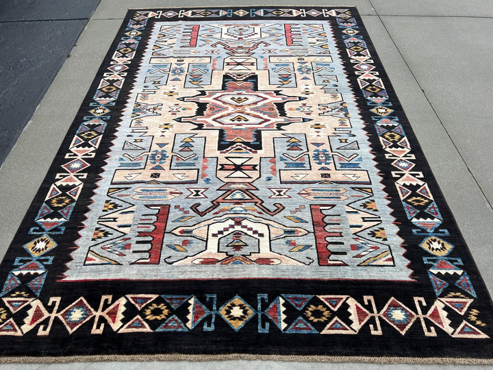 7x10 Fair Trade Handmade Afghan Rug | Charcoal Black Muted Blue Red Copper Mocha Brown Peach Ivory Cream | Turkish Persian Wool Hand Knotted