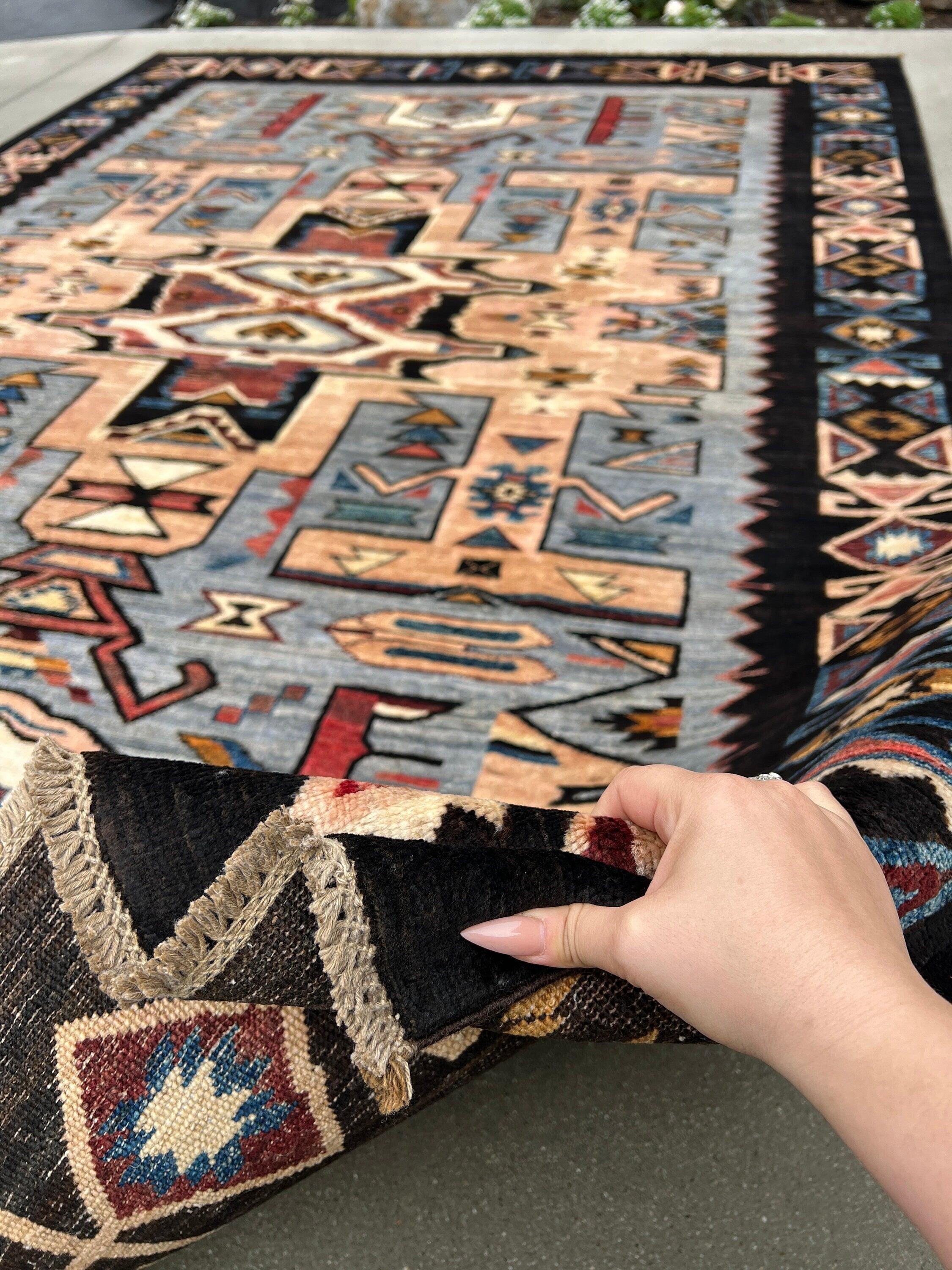 7x10 Fair Trade Handmade Afghan Rug | Charcoal Black Muted Blue Red Copper Mocha Brown Peach Ivory Cream | Turkish Persian Wool Hand Knotted