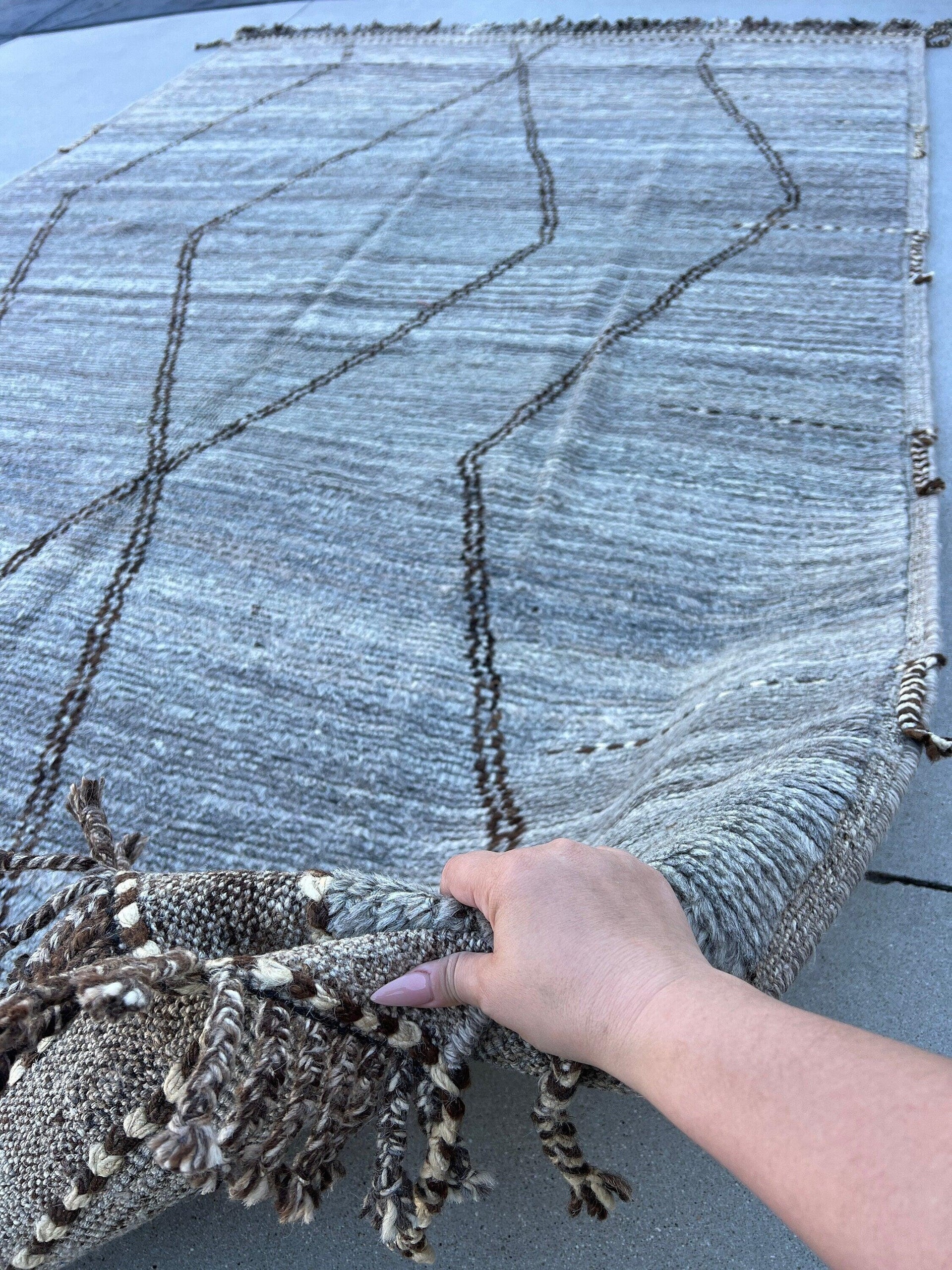 7x11 Handmade Afghan Moroccan Rug | Bluish Grey Ivory Cream Brown | Berber Beni Plush Turkish Wool Oushak Abstract Bohemian Woolen Mrirt