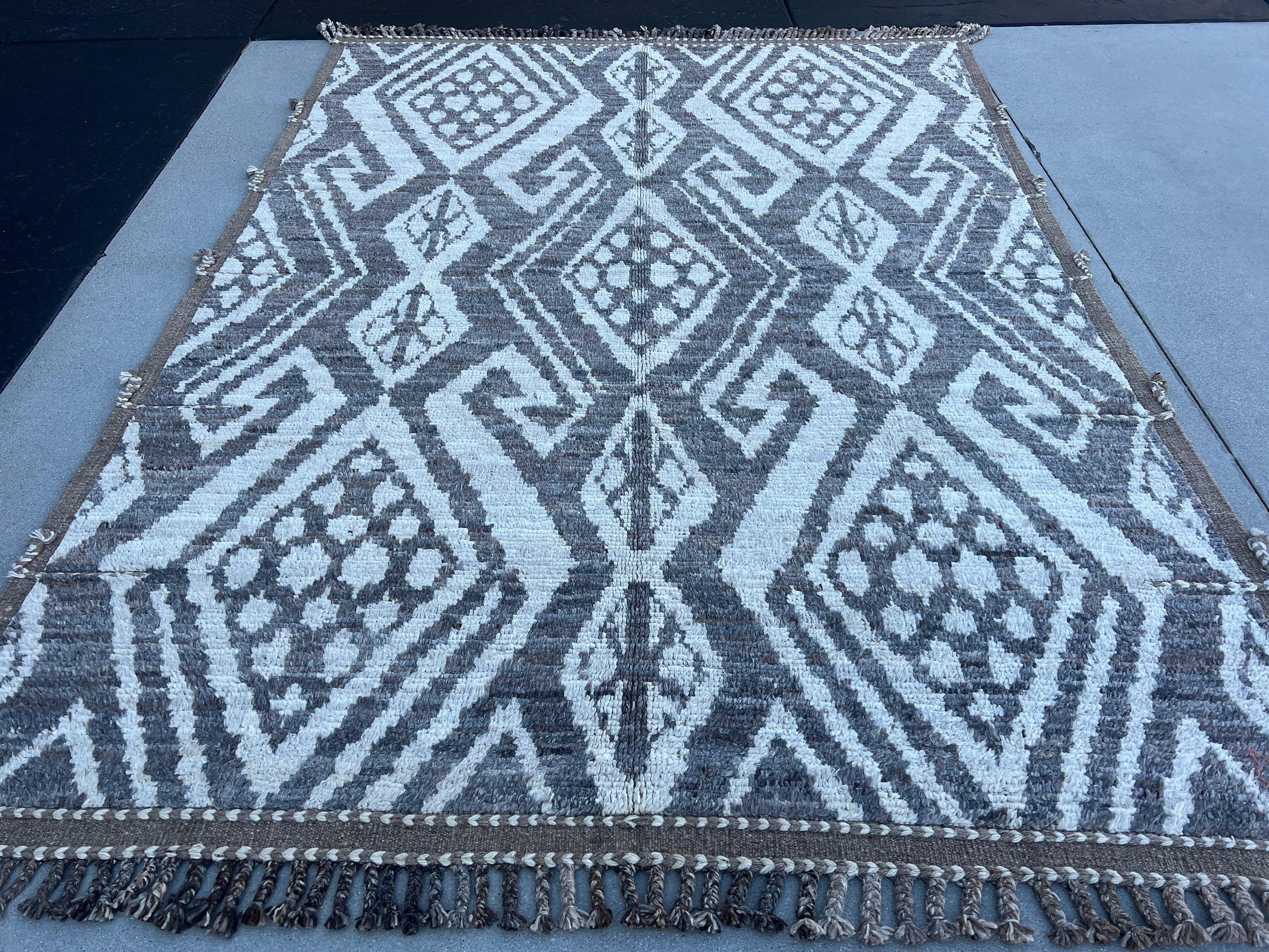 7x10 Handmade Afghan Moroccan Rug | Neutral Ivory Cream Grey Brown | Berber Beni Plush Turkish Wool Oushak Bohemian Hand Knotted Persian