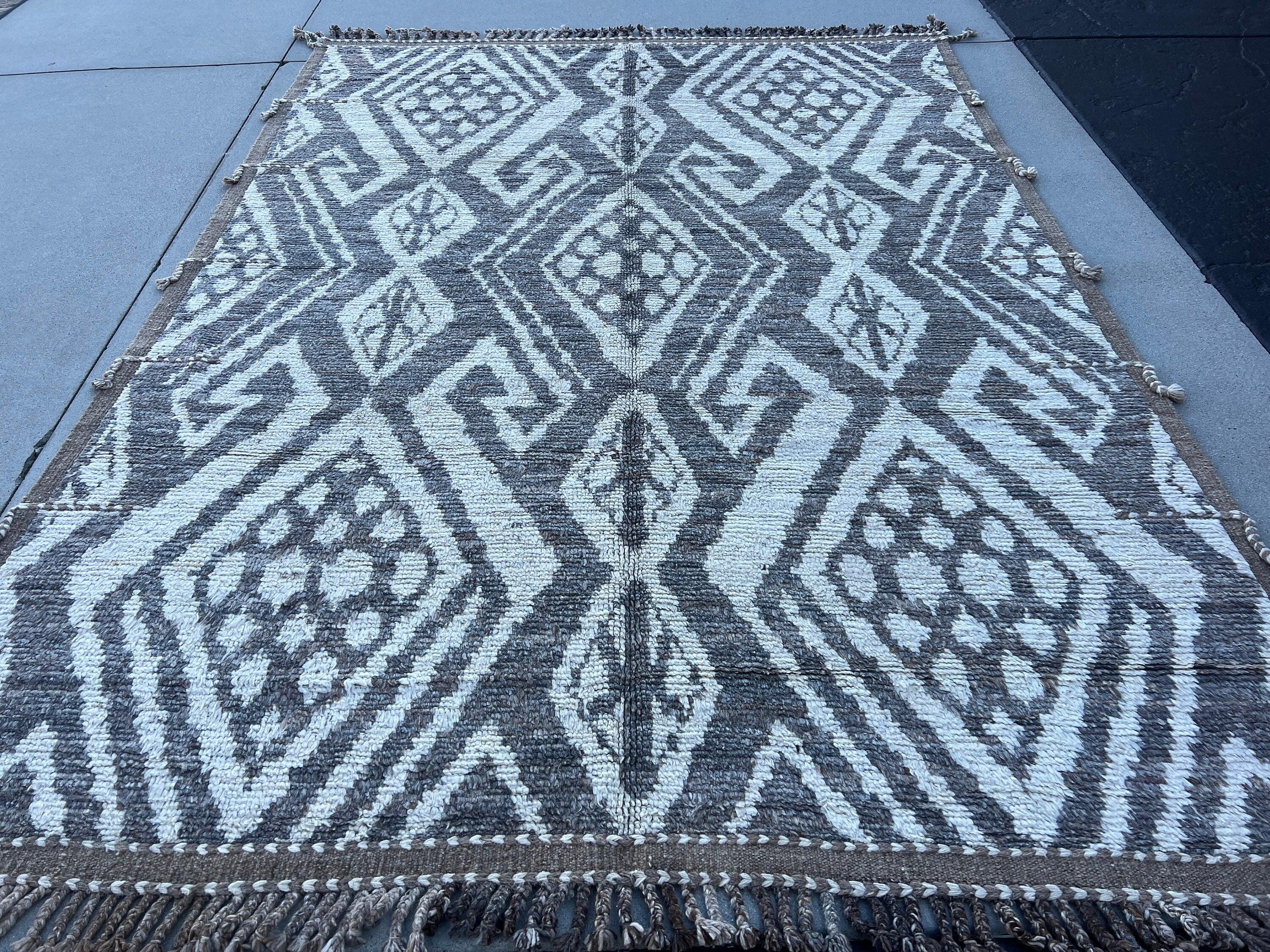 7x10 Handmade Afghan Moroccan Rug | Neutral Ivory Cream Grey Brown | Berber Beni Plush Turkish Wool Oushak Bohemian Hand Knotted Persian