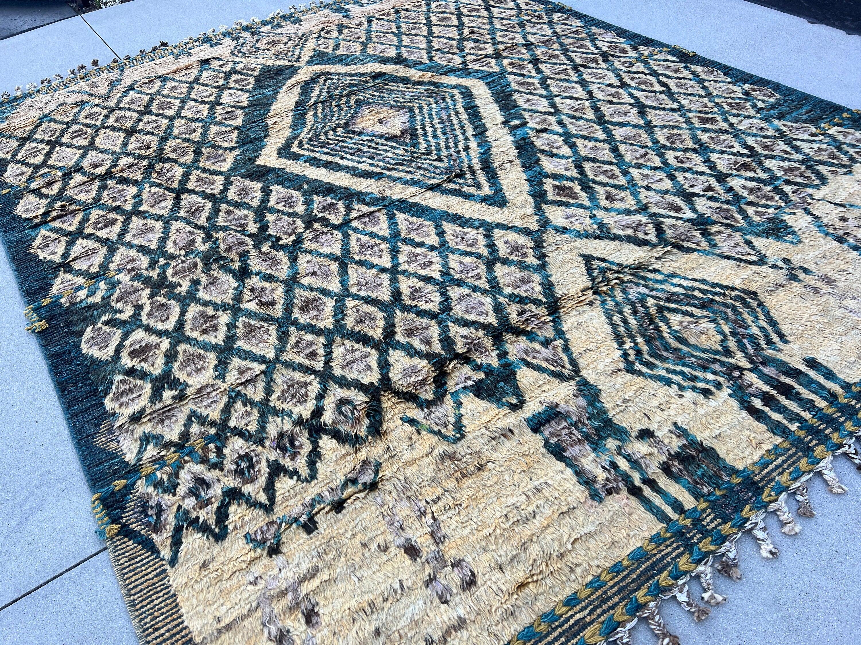 8x10 Handmade Afghan Moroccan Rug | Prussian Baby Blue Beige Cornsilk Golden Yellow Ivory Black Grey Berber Beni Plush Mrirt Boujad Flokati