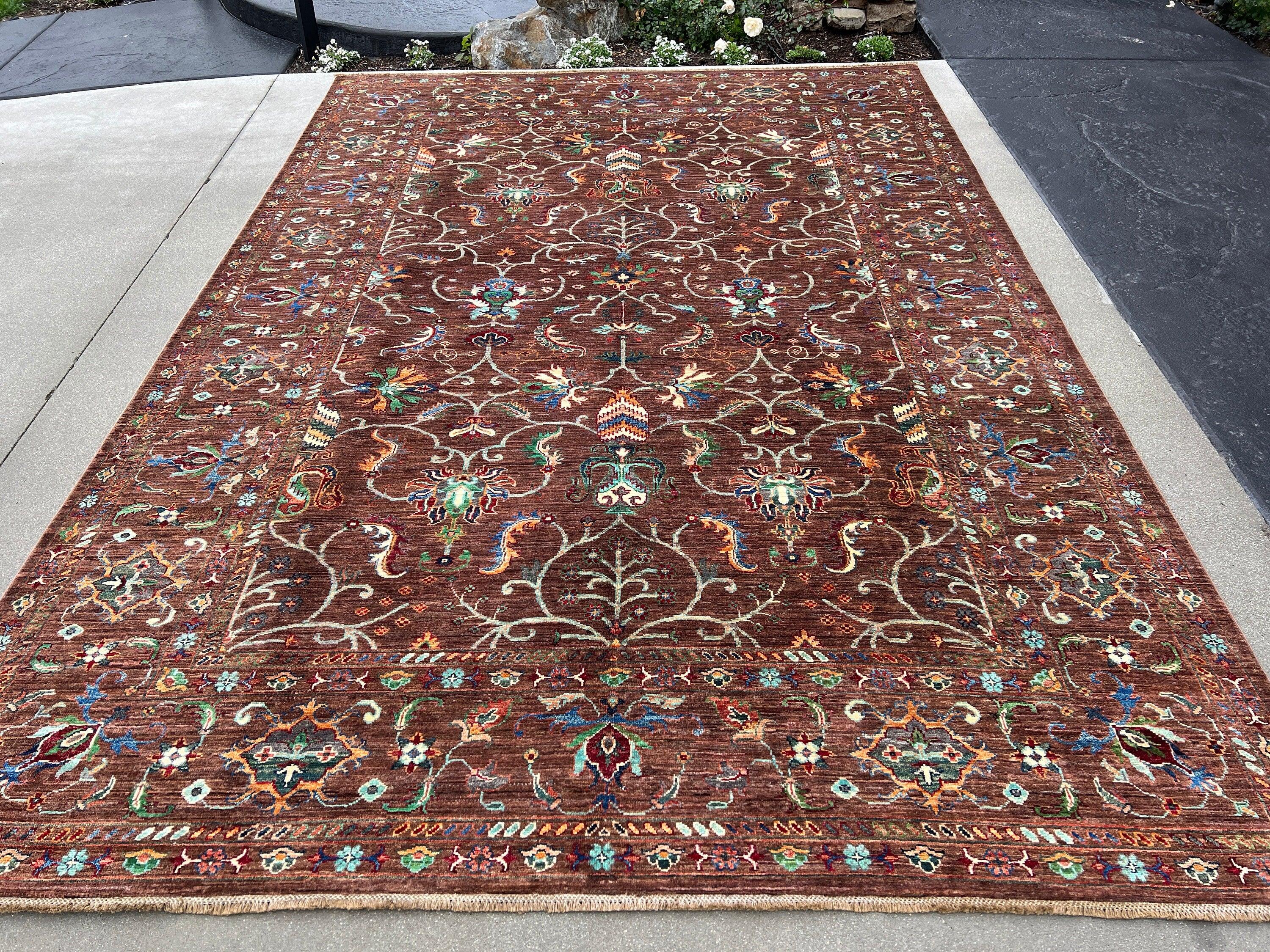 7x10 (215x305) Handmade Afghan Rug | Chocolate Brown Turquoise Teal Caramel Blue Burnt Orange Red Ivory Grey Pine Fern Dark Green Wool Boho