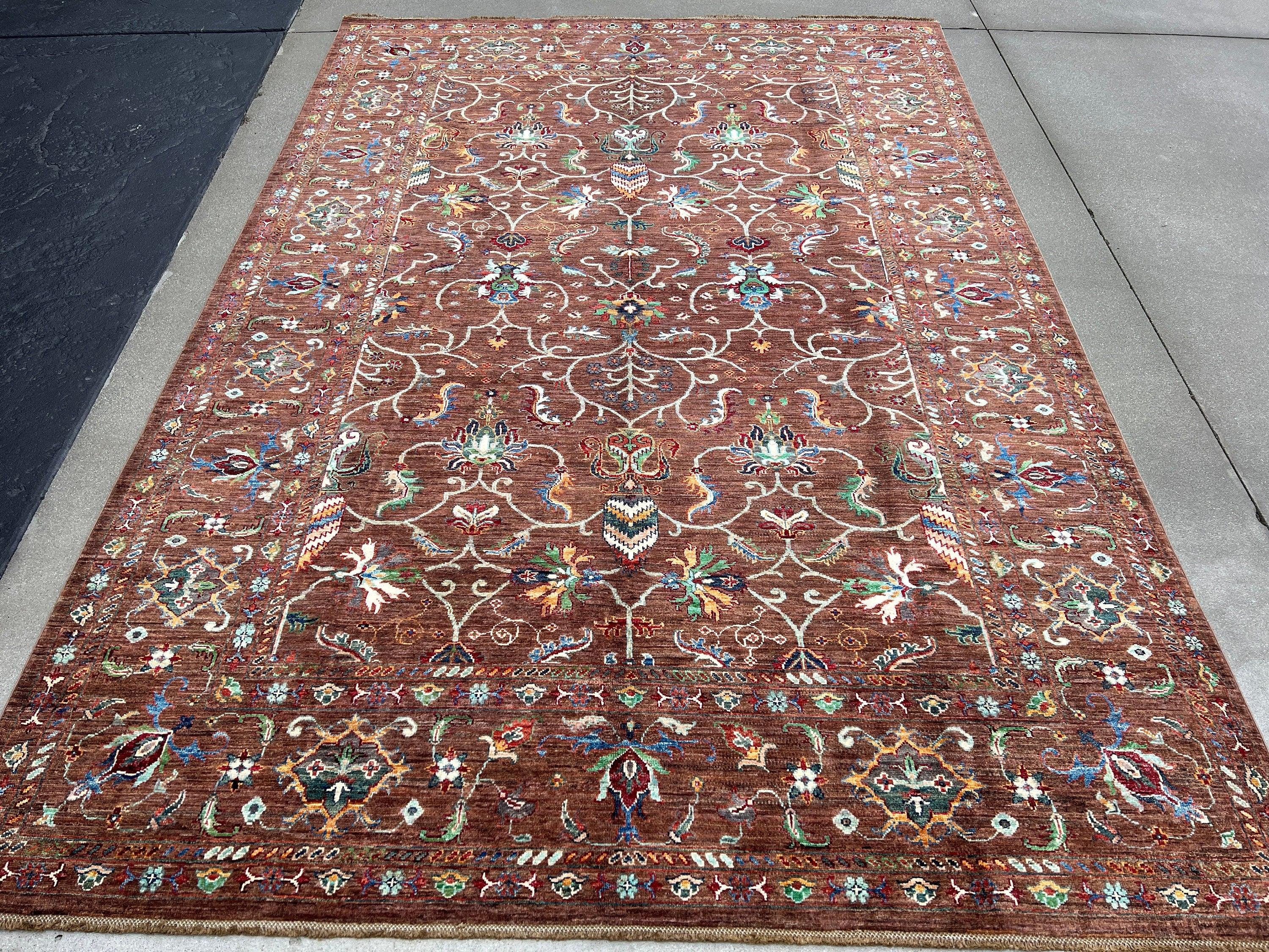 7x10 (215x305) Handmade Afghan Rug | Chocolate Brown Turquoise Teal Caramel Blue Burnt Orange Red Ivory Grey Pine Fern Dark Green Wool Boho