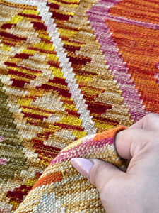 6x8 Handmade Afghan Kilim Rug | Orange Red Pink Olive Green White Golden Yellow | Flatweave Bohemian Flatwoven Wool Turkish Oushak Geometric