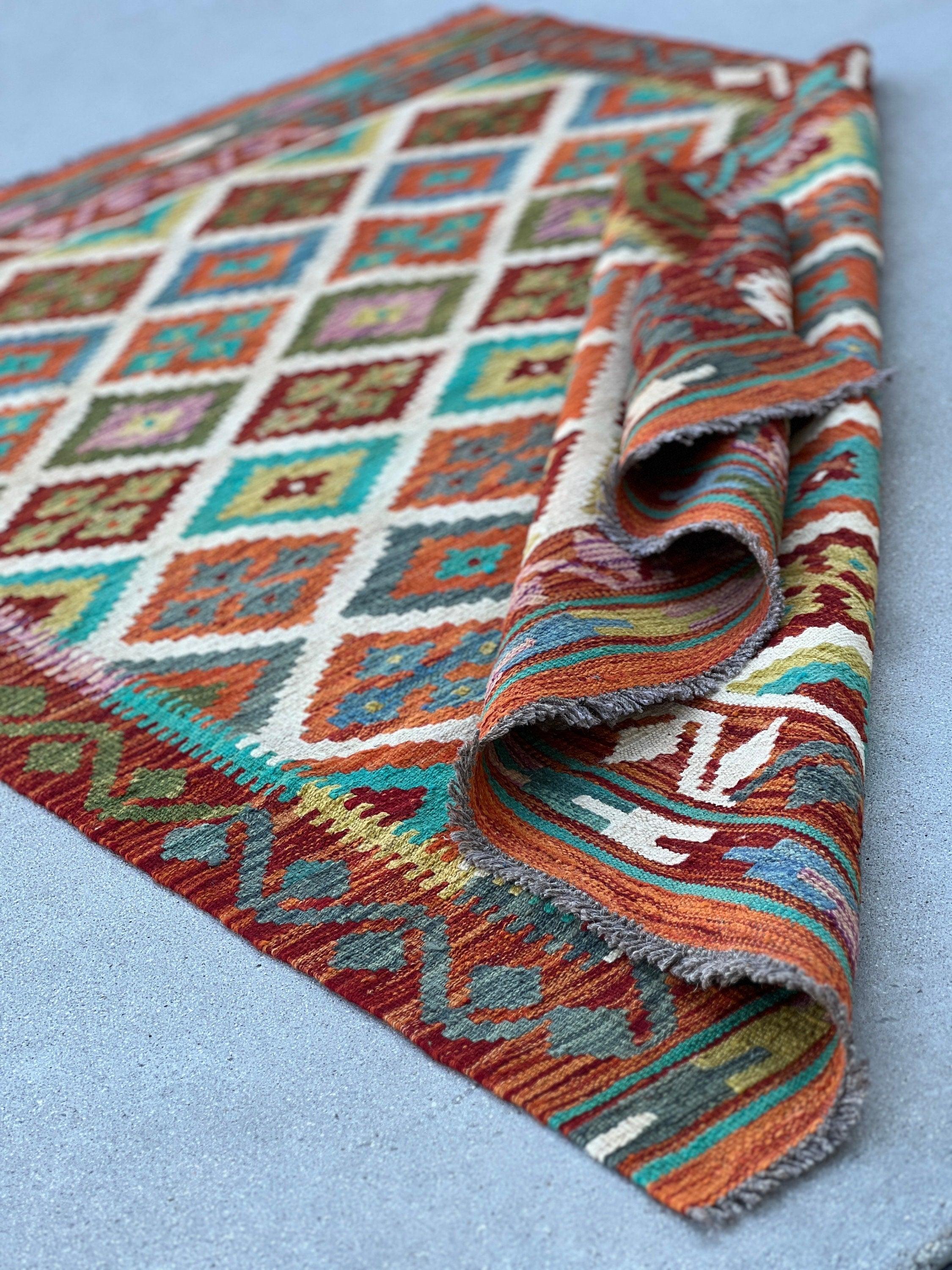 4x6 Handmade Afghan Kilim Rug | Burnt Orange Blue Turquoise Teal Olive Green White Purple | Flatweave Bohemian Flatwoven Geometric Persian