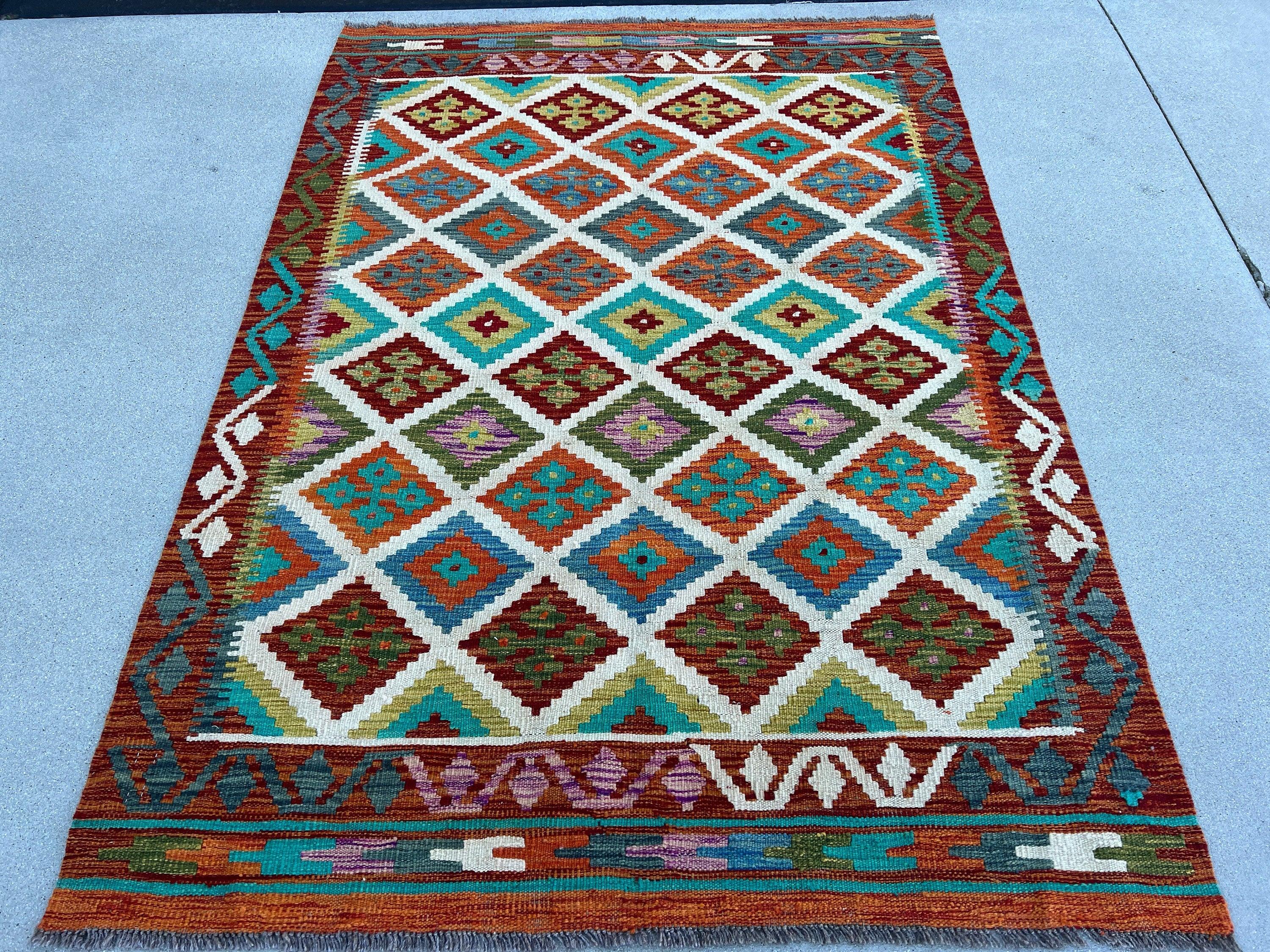 4x6 Handmade Afghan Kilim Rug | Burnt Orange Blue Turquoise Teal Olive Green White Purple | Flatweave Bohemian Flatwoven Geometric Persian