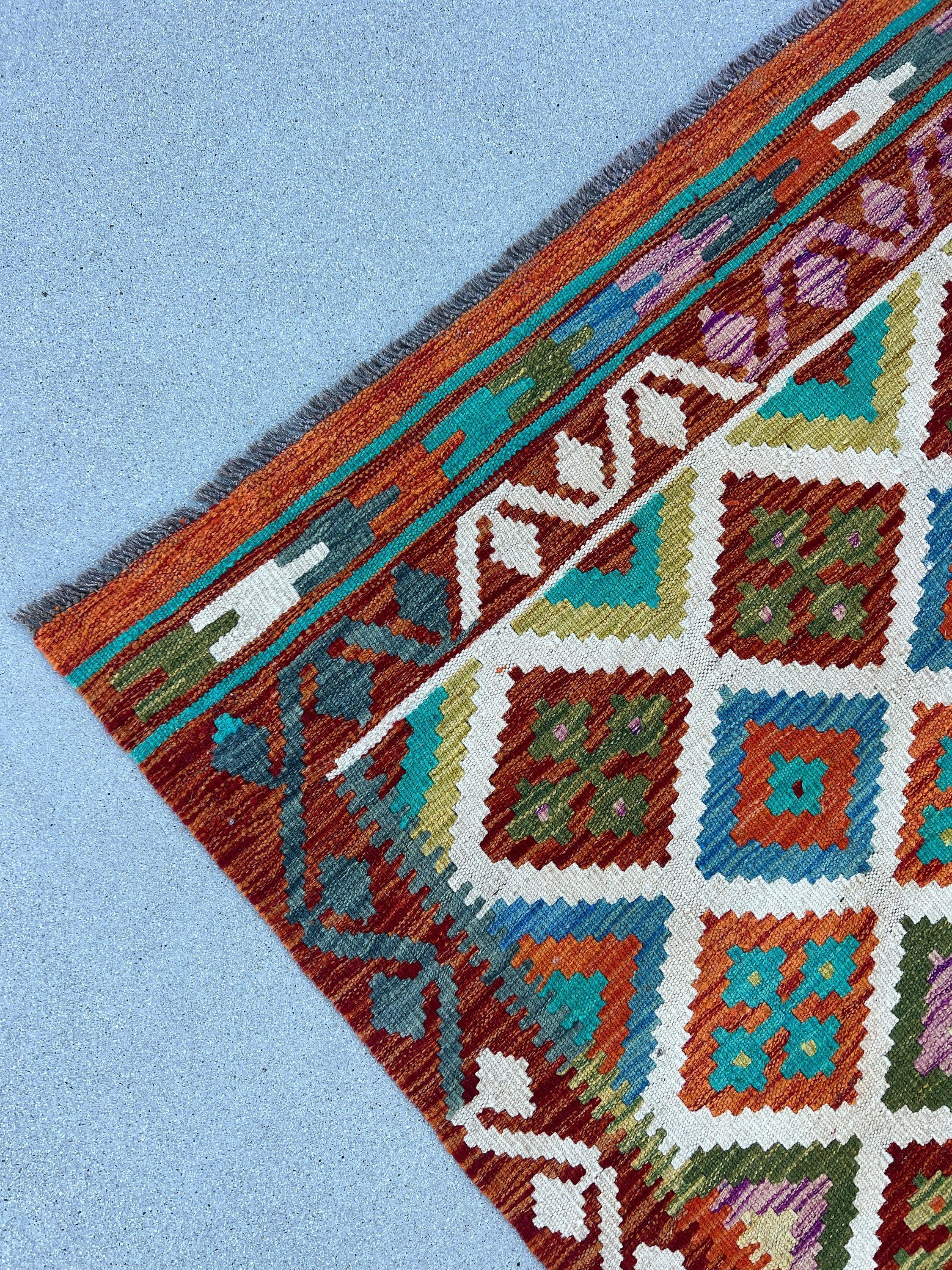 4x6 Handmade Afghan Kilim Rug | Burnt Orange Blue Turquoise Teal Olive Green White Purple | Flatweave Bohemian Flatwoven Geometric Persian