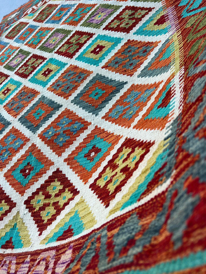 4x6 Handmade Afghan Kilim Rug | Burnt Orange Blue Turquoise Teal Olive Green White Purple | Flatweave Bohemian Flatwoven Geometric Persian