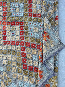 5x7 Handmade Afghan Kilim Rug | Grey Burnt Orange Olive Green Golden Brown Light Blue | Flatweave Bohemian Flatwoven Geometric Persian Wool