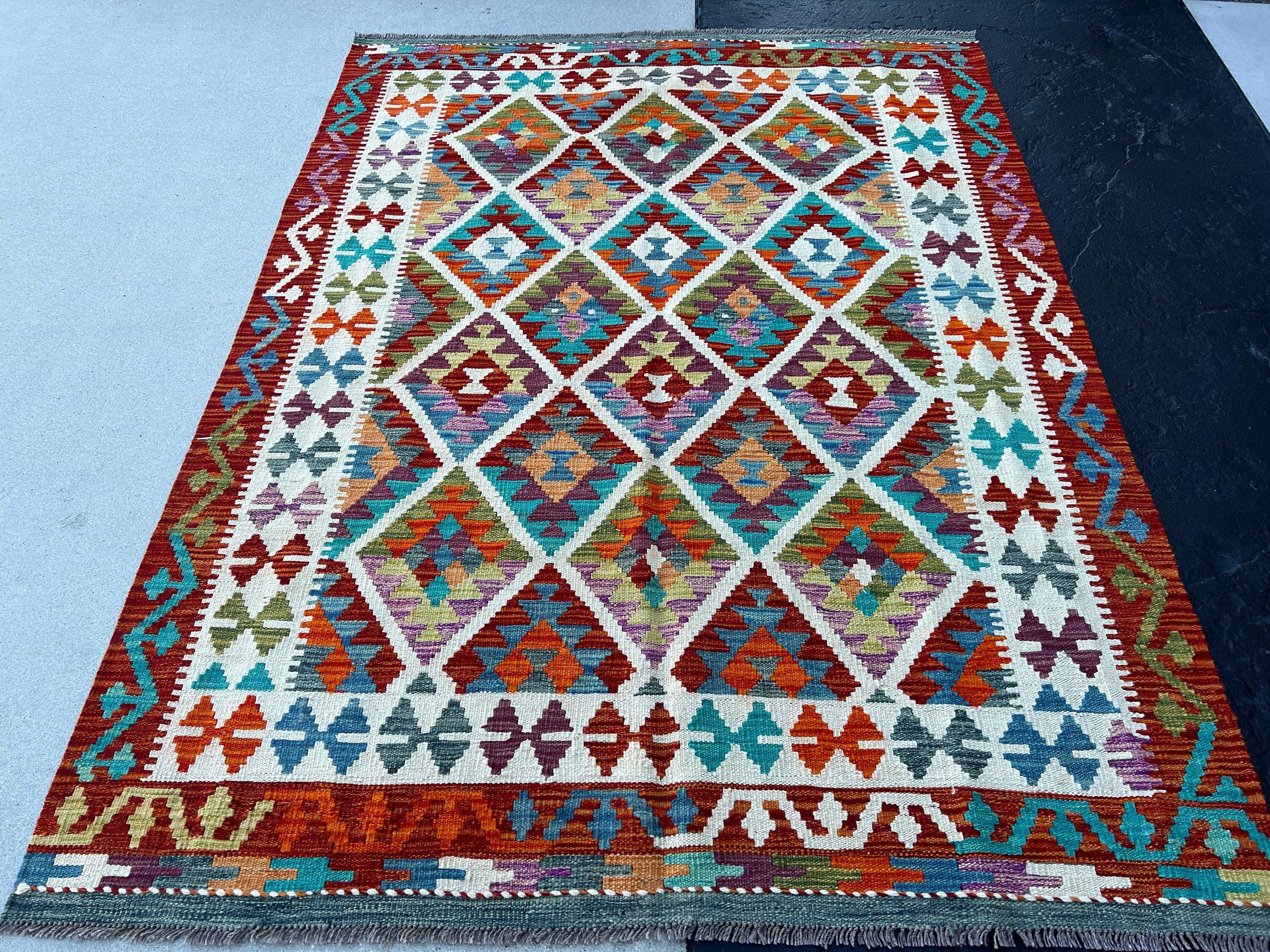 5x7 Handmade Afghan Kilim Rug | Burnt Coral Orange Eggplant Purple White blue Turquoise Teal Olive Green | Flatweave Flatwoven Geometric