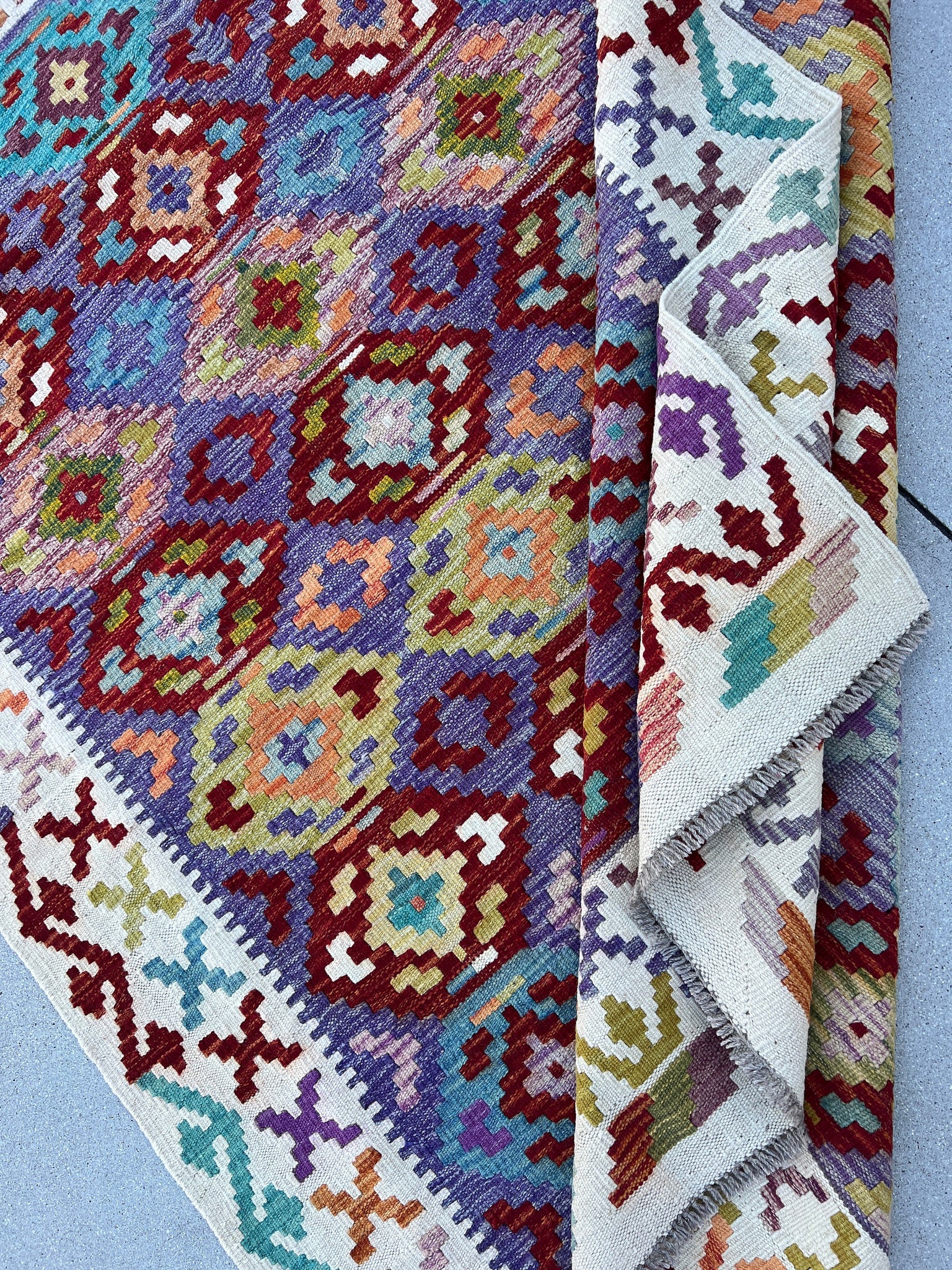 5x6~5x7 Handmade Afghan Kilim Rug | White Ivory Brick Red Orange Purple Turquoise Mustard Yellow Olive Green | Flatweave Flatwoven Geometric