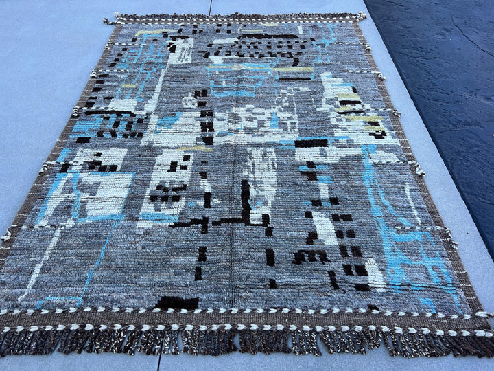 6x8 (180x245) Handmade Moroccan Afghan Rug | Grey Gray Sky Blue Cornsilk Yellow Black White Brown | Berber Beni Plush Ourain Turkish Wool