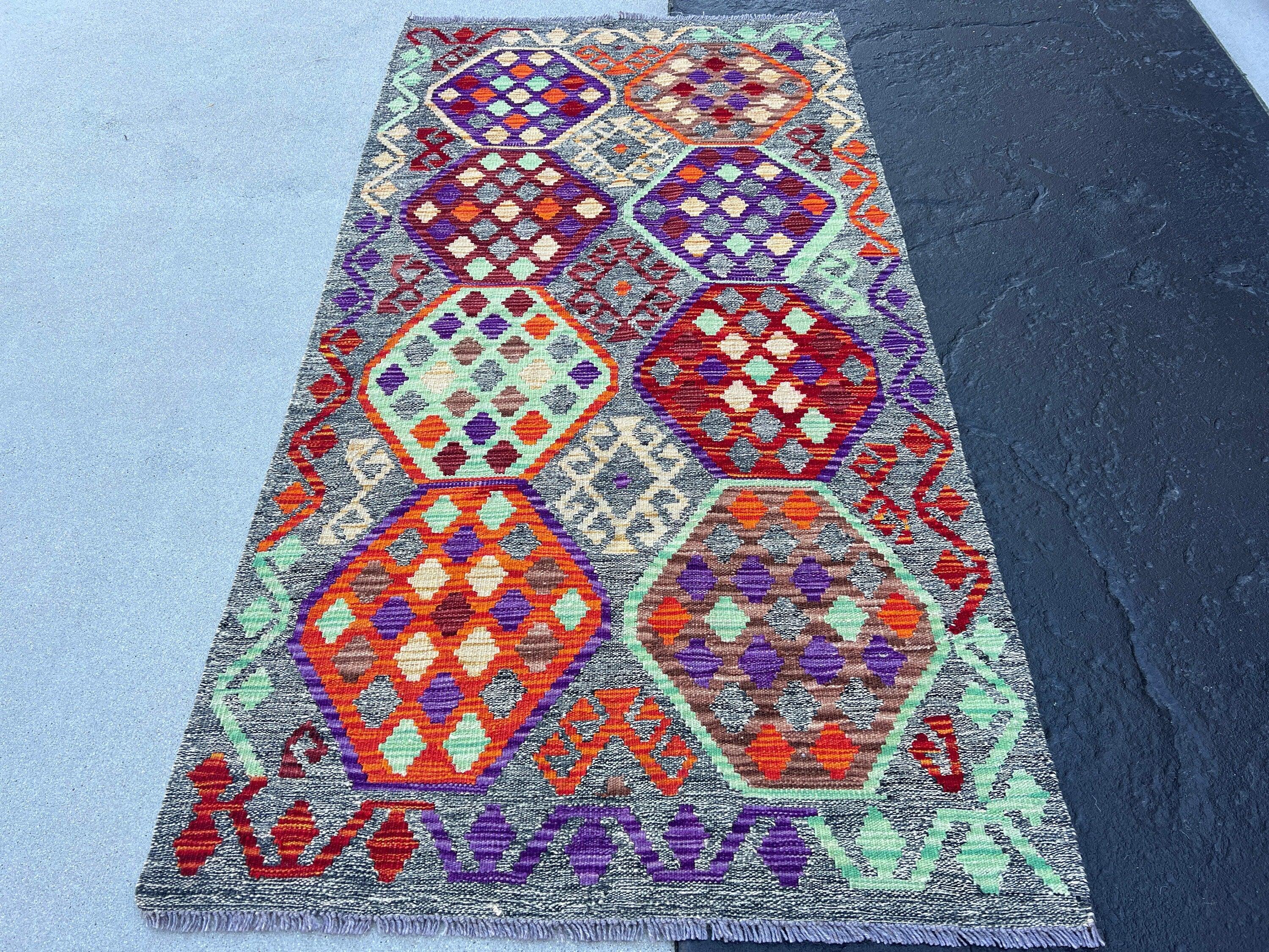 4x7 Handmade Afghan Kilim Rug | Grey Burnt Orange Red Mint Green Brown Purple Violet Brown Beige | Flatweave Bohemian Flatwoven Geometric