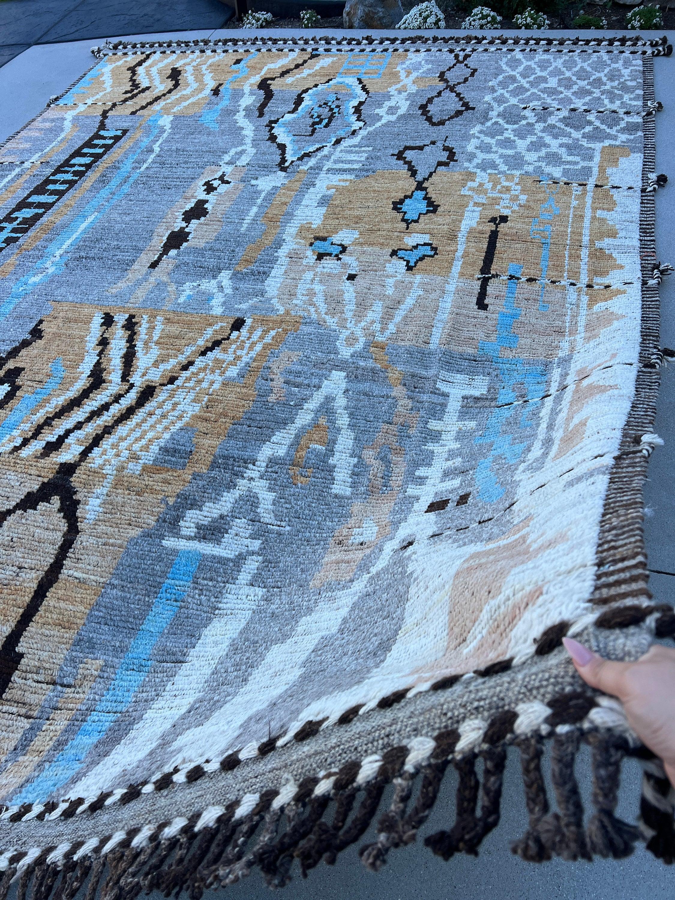 9x13 Handmade Afghan Moroccan Rug | Grey Caramel Brown Black Blue Ivory White | Berber Beni Mrirt Boujad Flokati Plush Turkish Wool Oushak