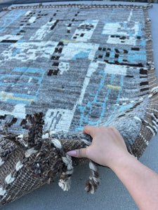 6x8 (180x245) Handmade Moroccan Afghan Rug | Grey Gray Sky Blue Cornsilk Yellow Black White Brown | Berber Beni Plush Ourain Turkish Wool