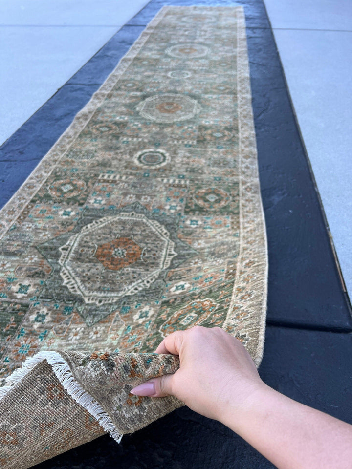 3x14 Handmade Afghan Runner | Earth Tone Moss Green Grey Brown Orange Ivory White | Hand Knotted Boho Bohemian Vintage Tribal Mamluk Wool