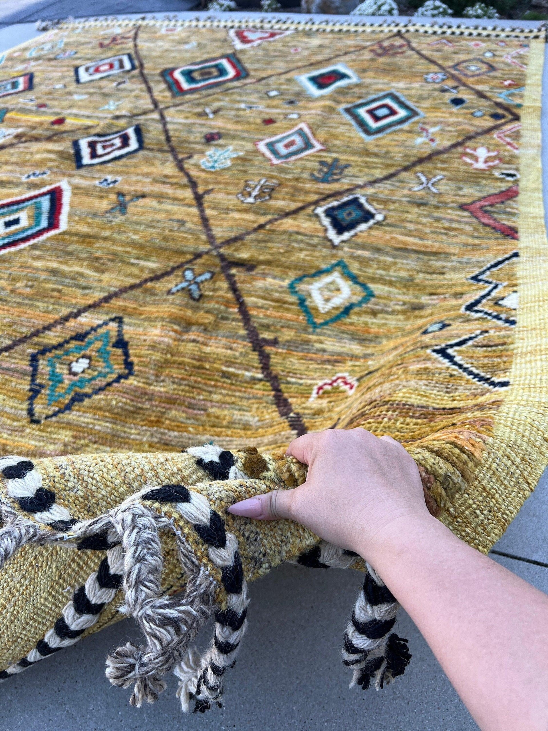 9x13 Handmade Afghan Moroccan Rug | Mustard Golden Yellow Brown Navy Blue Red White Teal Black | Berber Beni Mrirt Boujad Flokati Plush Wool