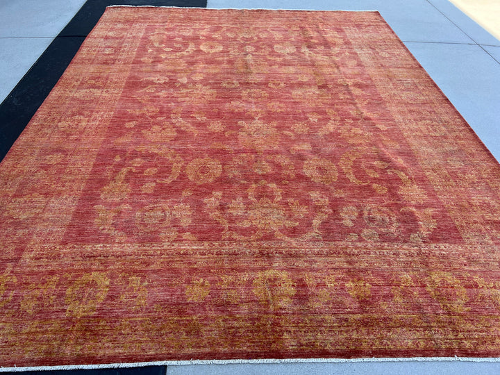 9x11~9x12 Handmade Afghan Rug | Burnt Orange Golden Brown | Tribal Wool Boho Hand Knotted Bohemian Persian Oriental Vintage Rustic