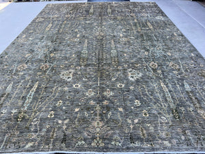 10x14 Handmade Afghan Rug | Free Rug Pad | Neutral Grey Gray Blue Beige Golden Brown | Tribal Floral Wool Boho Hand Knotted Persian Oriental