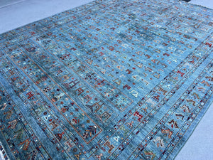 8x11 Handmade Afghan Rug | Blue Green Teal Turquoise Red Orange Ivory White Brown | Tribal Floral Wool Boho Hand Knotted Bohemian Persian