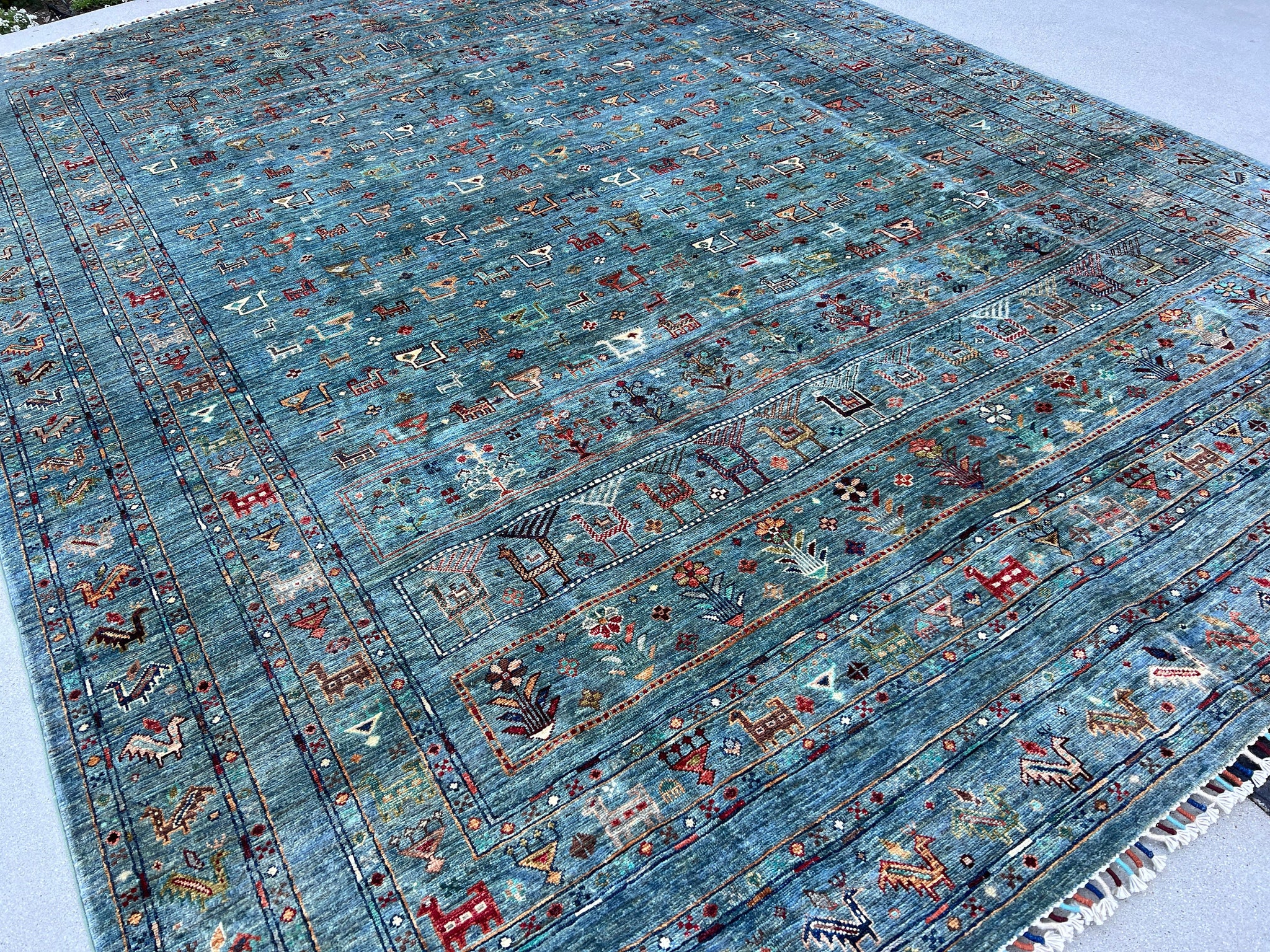 8x11 Handmade Afghan Rug | Blue Green Teal Turquoise Red Orange Ivory White Brown | Tribal Floral Wool Boho Hand Knotted Bohemian Persian