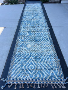 3x16 Handmade Afghan Moroccan Rug | Sky Blue Ivory Grey | Berber Beni Mrirt Ourain Flokati Hallway Entryway Stairs Plush Shag Oushak Persian
