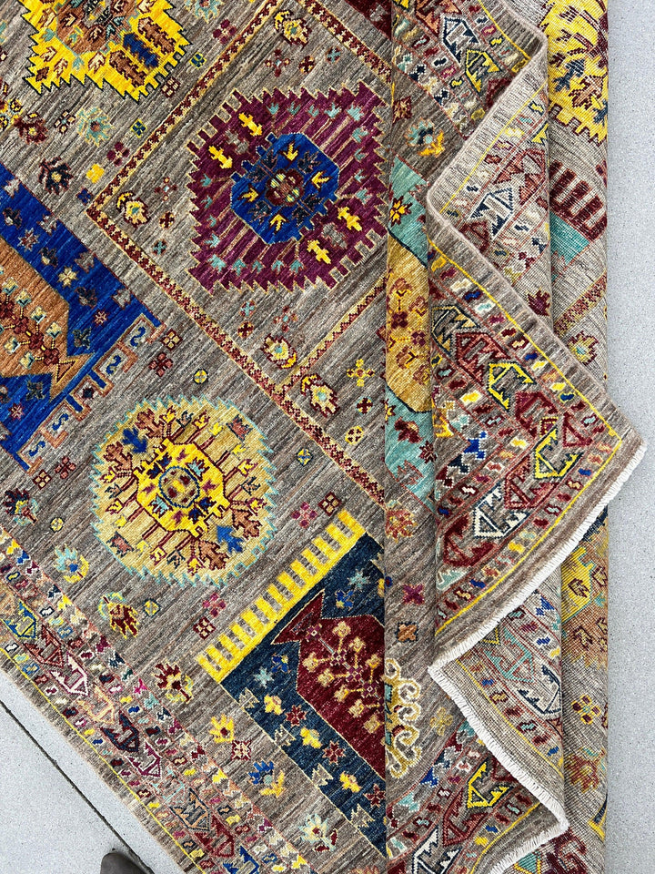 6x8 Handmade Afghan Rug | Earth Tone Brown Grey Teal Golden Yellow Red Brown Ivory White Blue | Hand Knotted Persian Oriental Wool Bohemian