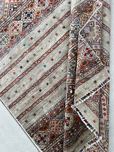 6x9 Handmade Afghan Rug | Light Grey Red Brown Orange Pine Green Ivory White Black Denim Blue | Hand Knotted Persian Bohemian Wool Oushak