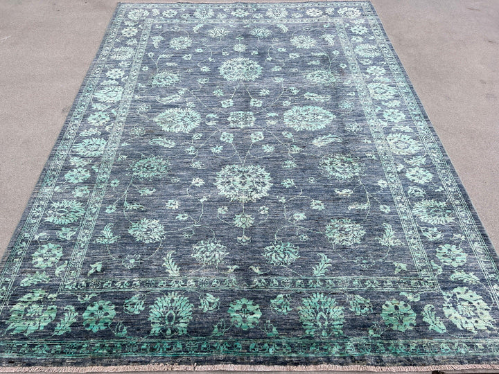 6x8 Handmade Afghan Rug | Grey Pine Green Ivory | Hand Knotted Persian Bohemian Boho Oushak Heriz Serapi Wool