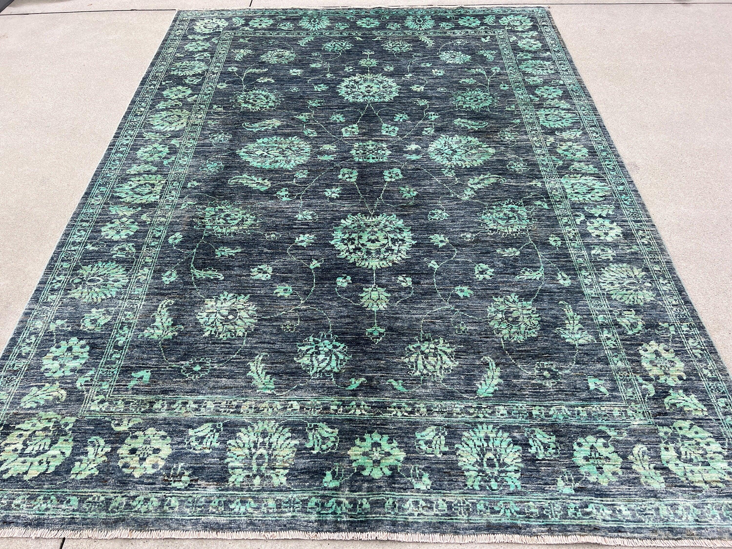 6x8 Handmade Afghan Rug | Grey Pine Green Ivory | Hand Knotted Persian Bohemian Boho Oushak Heriz Serapi Wool