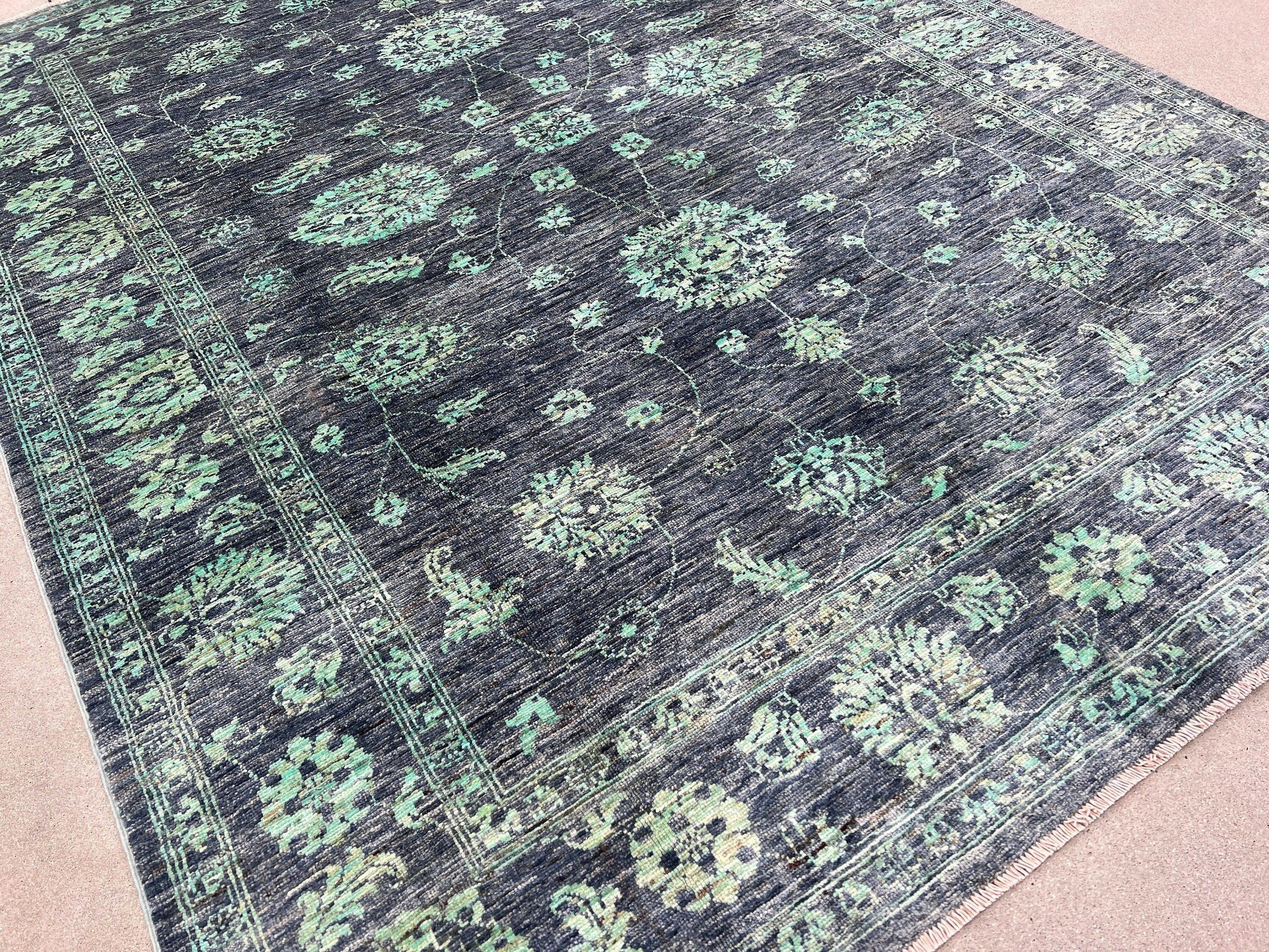 6x8 Handmade Afghan Rug | Grey Pine Green Ivory | Hand Knotted Persian Bohemian Boho Oushak Heriz Serapi Wool