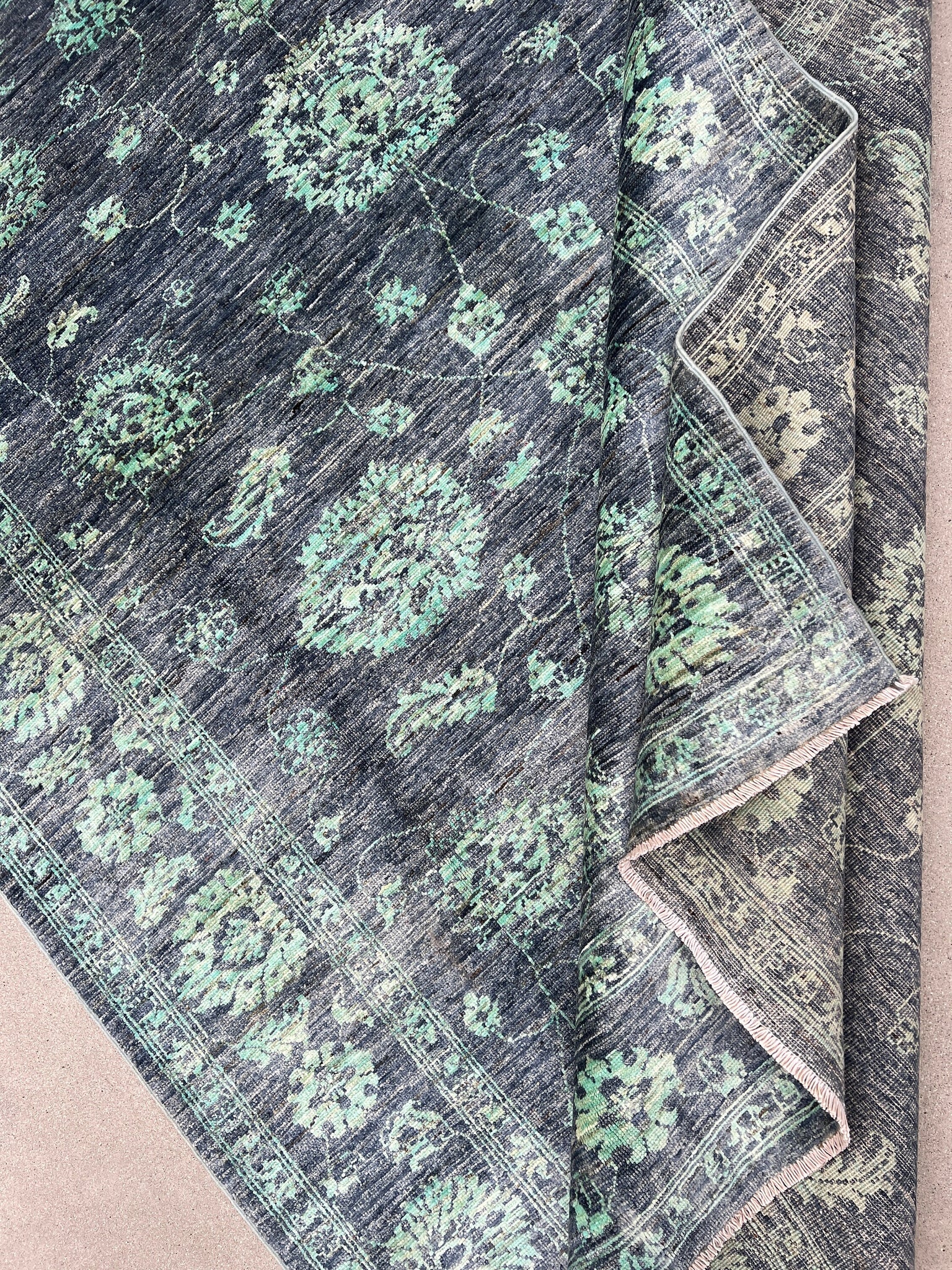 6x8 Handmade Afghan Rug | Grey Pine Green Ivory | Hand Knotted Persian Bohemian Boho Oushak Heriz Serapi Wool