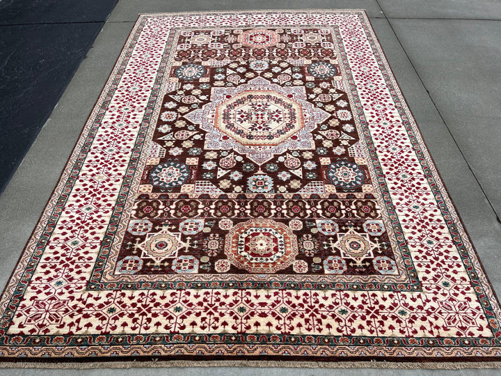 7x10 Handmade Afghan Rug | Chocolate Brown Brick Crimson Red Cream Beige Ivory Baby Blue Forest Green Golden Brown | Mamluk Medallion Heriz